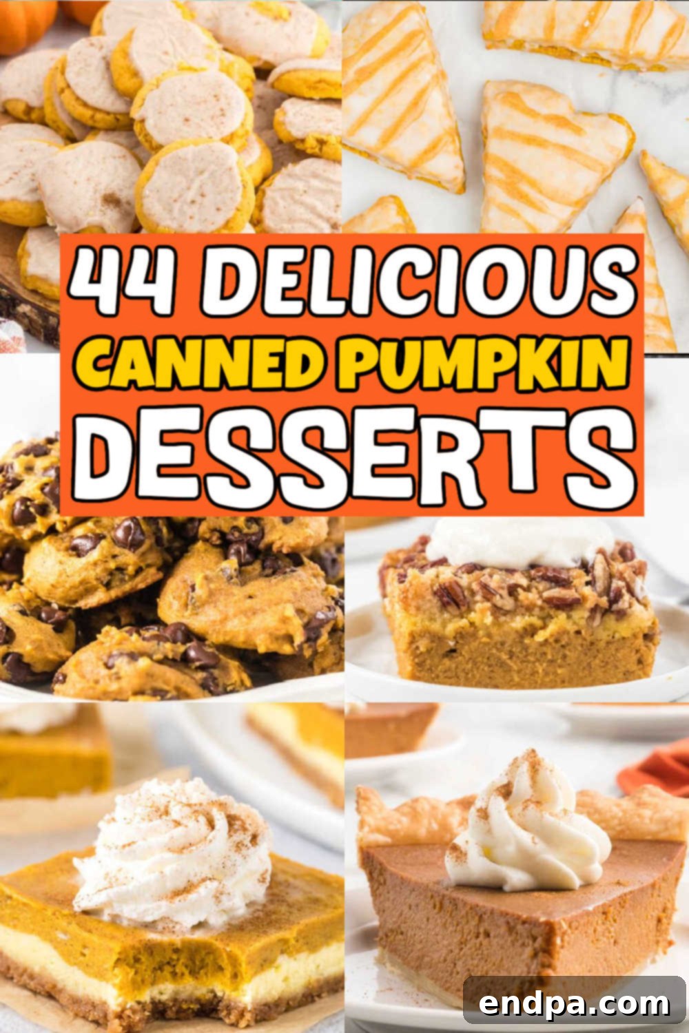 44 Irresistible Canned Pumpkin Desserts 2 Canned Pumpkin Desserts make the best Thanksgiving desserts. Try one of these 44 pumpkin desserts for a crowd pleasing treat. When the fall weather hits, we are making all the pumpkin dessert recipes. We love to make pumpkin spice latte, pumpkin pie smoothie and more. #dessertsonadime #cannedpumpkindesserts #pumpkinrecipes