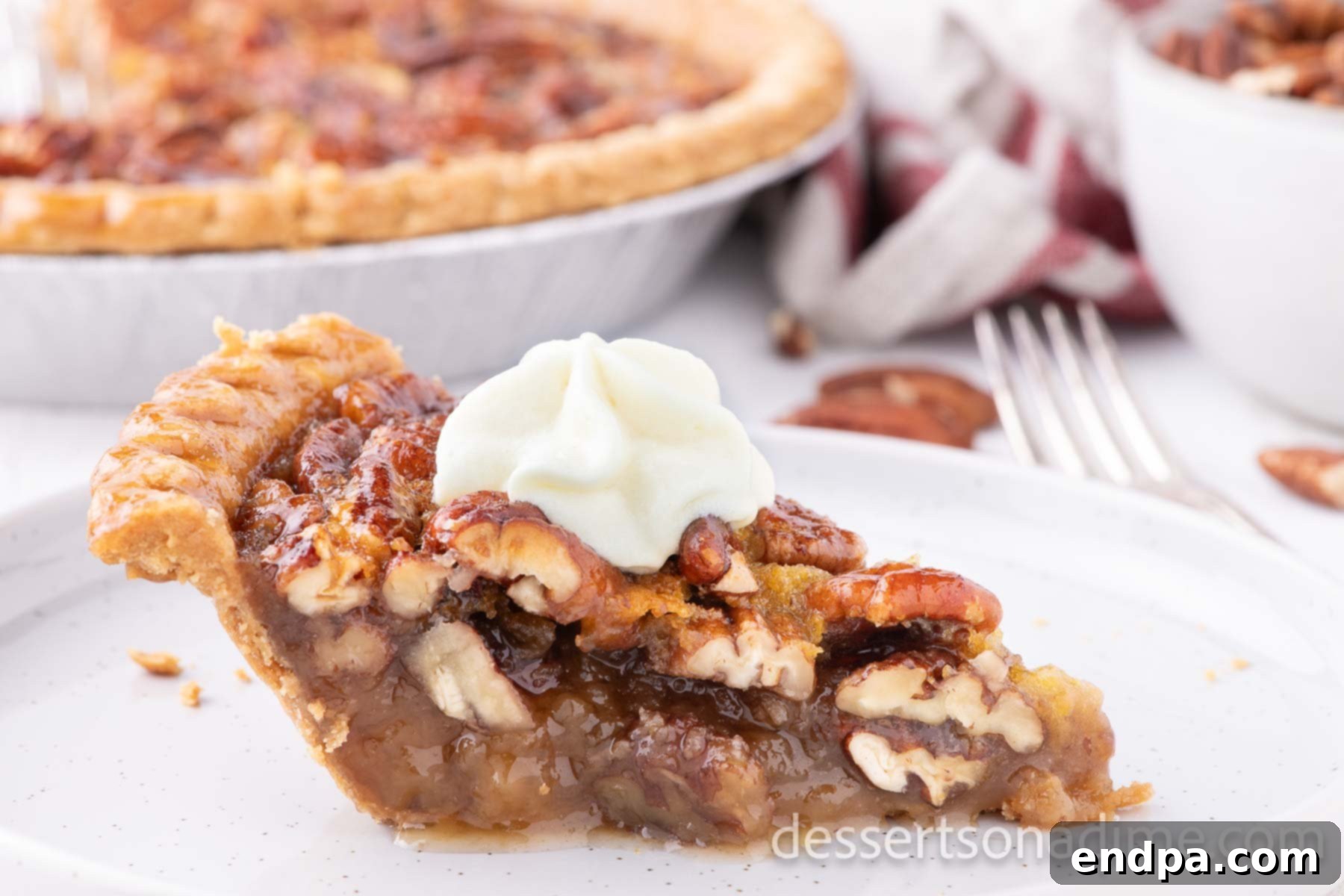 Perfect Karo Syrup Pecan Pie 2 A perfectly sliced Karo Syrup Pecan Pie with a dollop of whipped cream on top, ready to be served.