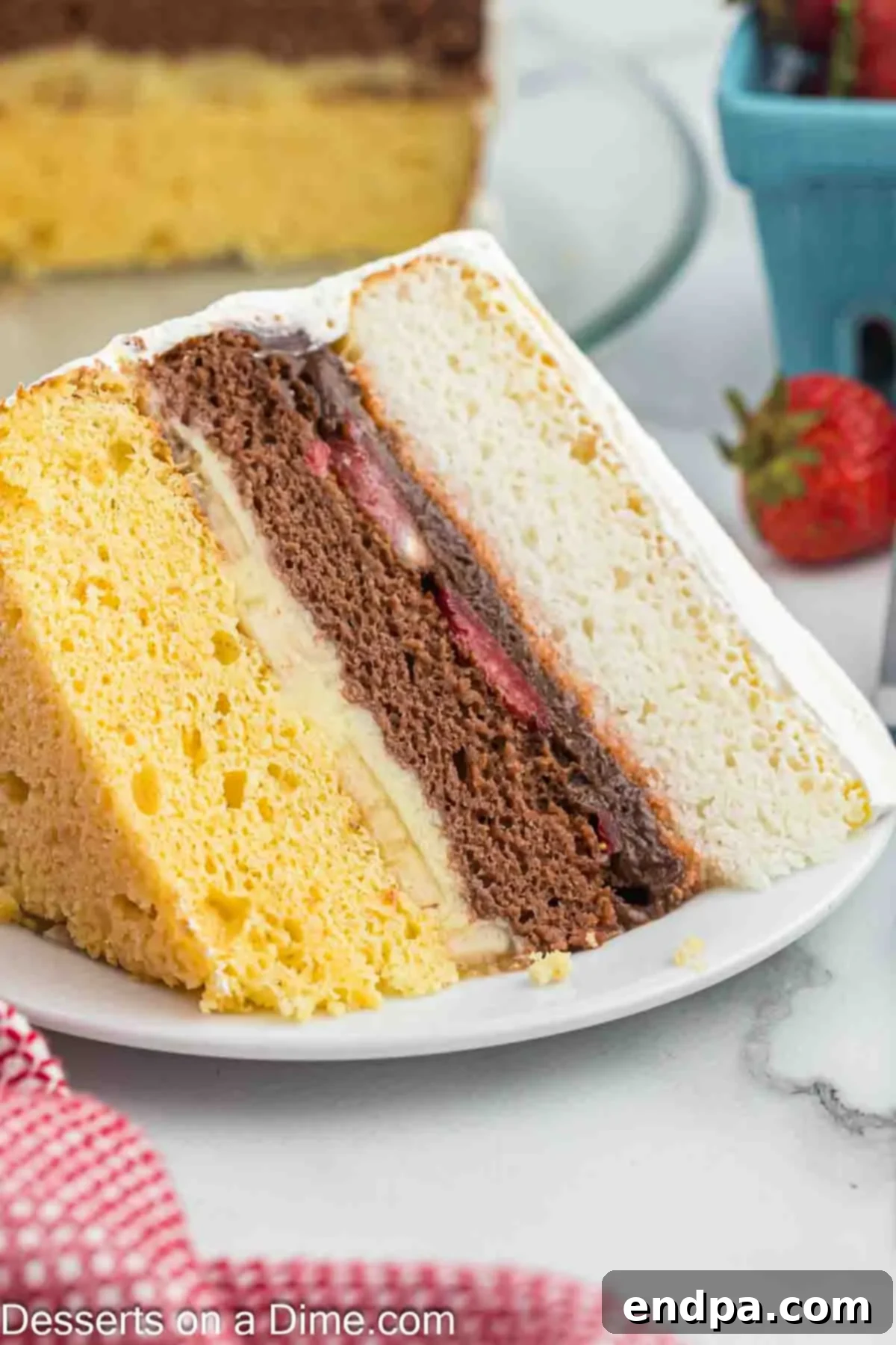 The Ultimate Atomic Cake 4 Slice of Atomic cake on plate.