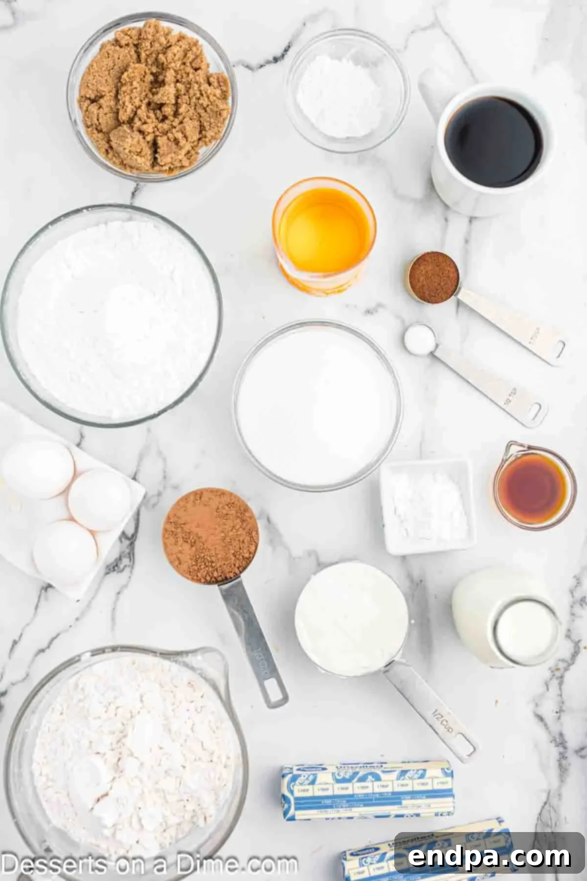 Decadent Mocha Treats 3 Ingredients for Mocha Cupcakes - flour, cocoa powder, expresso powder, brown sugar, sour cream, eggs, coffee, oil, powdered sugar.