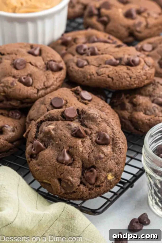 Peanut Butter Stuffed Chocolate Cookies on wire rack. 