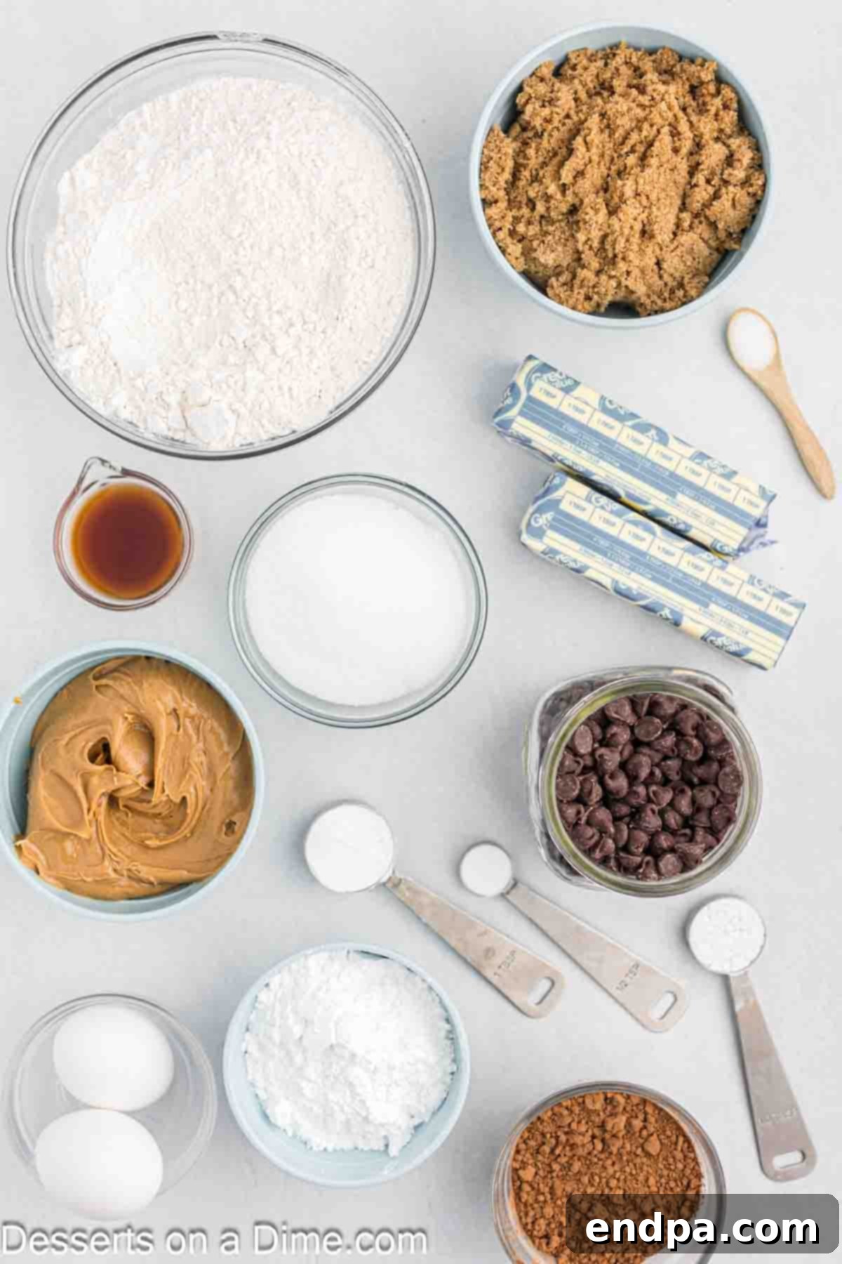 Ingredients for Peanut Butter Stuffed Chocolate Cookies- peanut butter, powdered sugar, vanilla, cocoa powder, eggs, flour. 