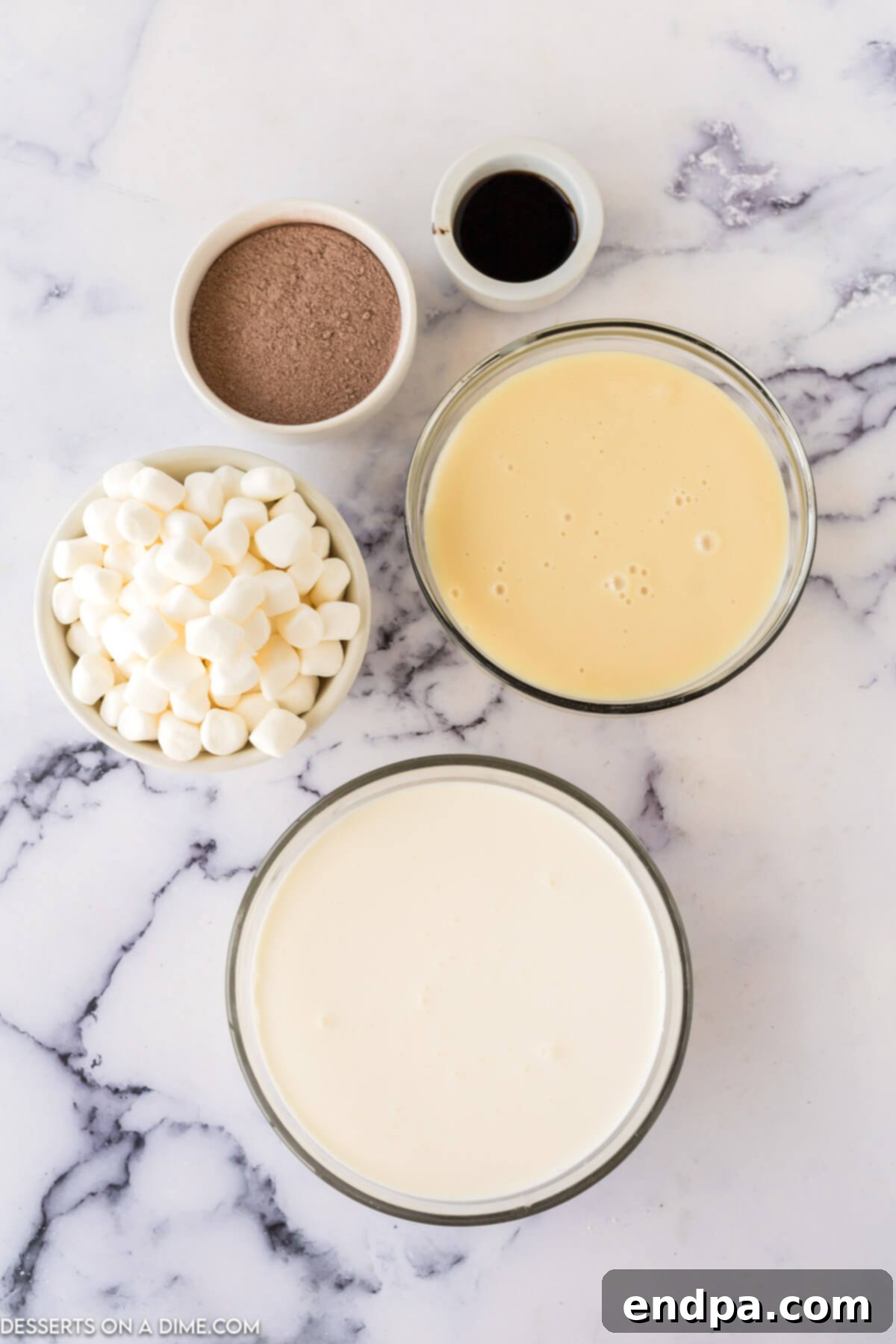 Ingredients for ice cream - heavy whipping cream, vanilla, hot chocolate mix, sweetened condensed milk, mini marshmallows.