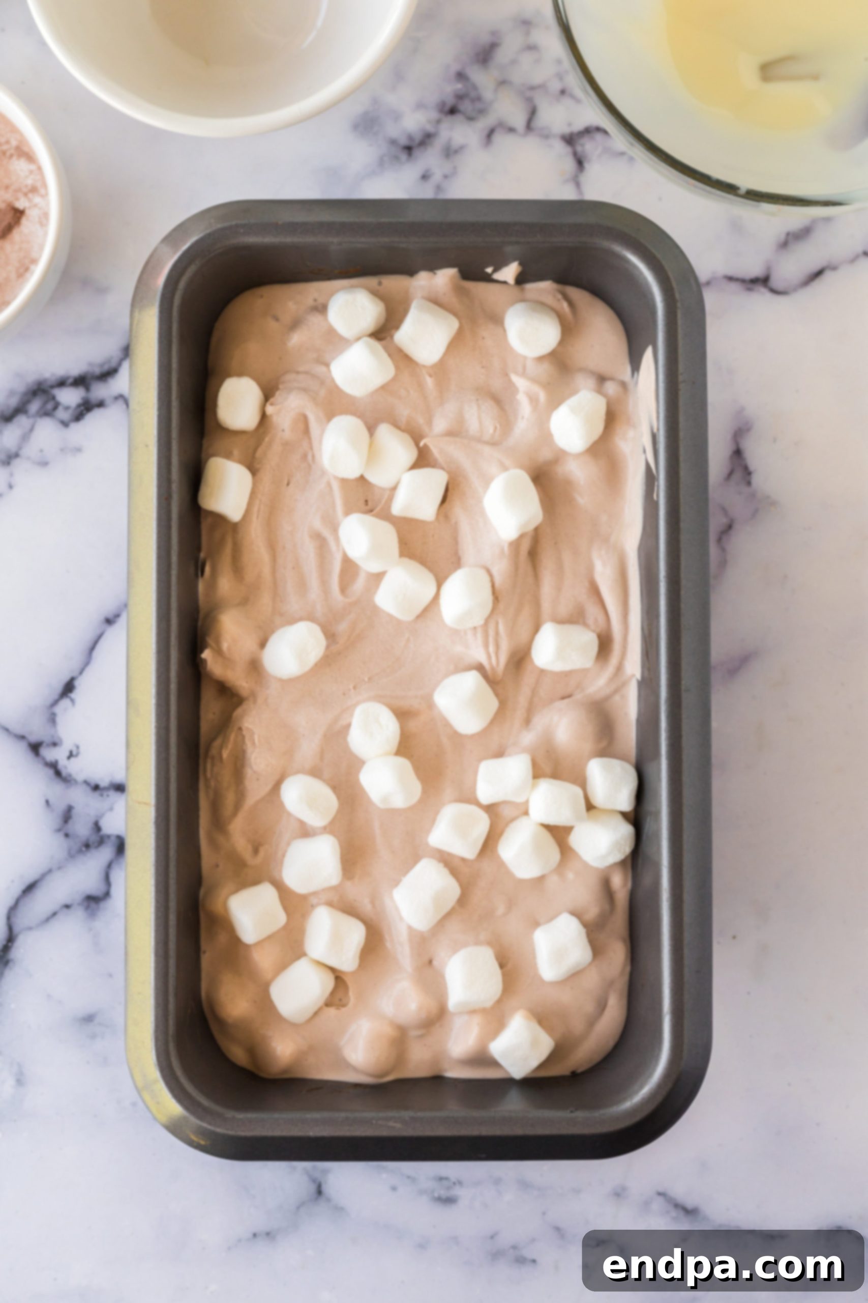 Ice cream mixture in pan.