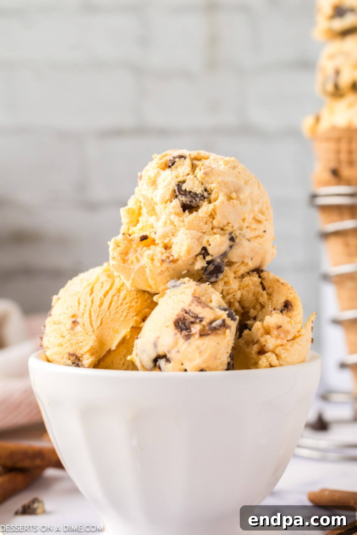 Pumpkin Chocolate Chip Ice Cream in a white bowl, garnished with a sprinkle of pumpkin pie spice.