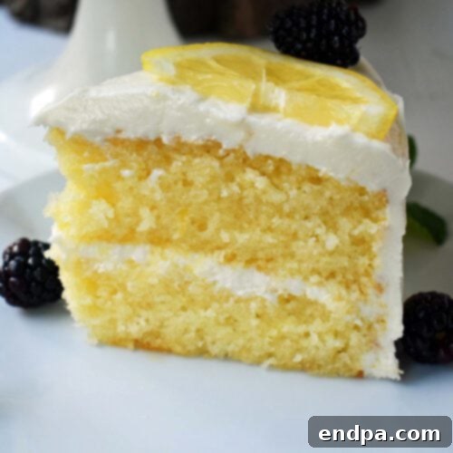 A slice of lemon cake with white frosting and blackberries.
