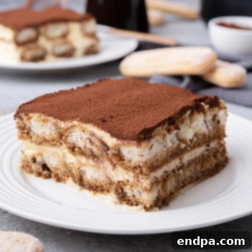 A slice of tiramisu cake on a plate.