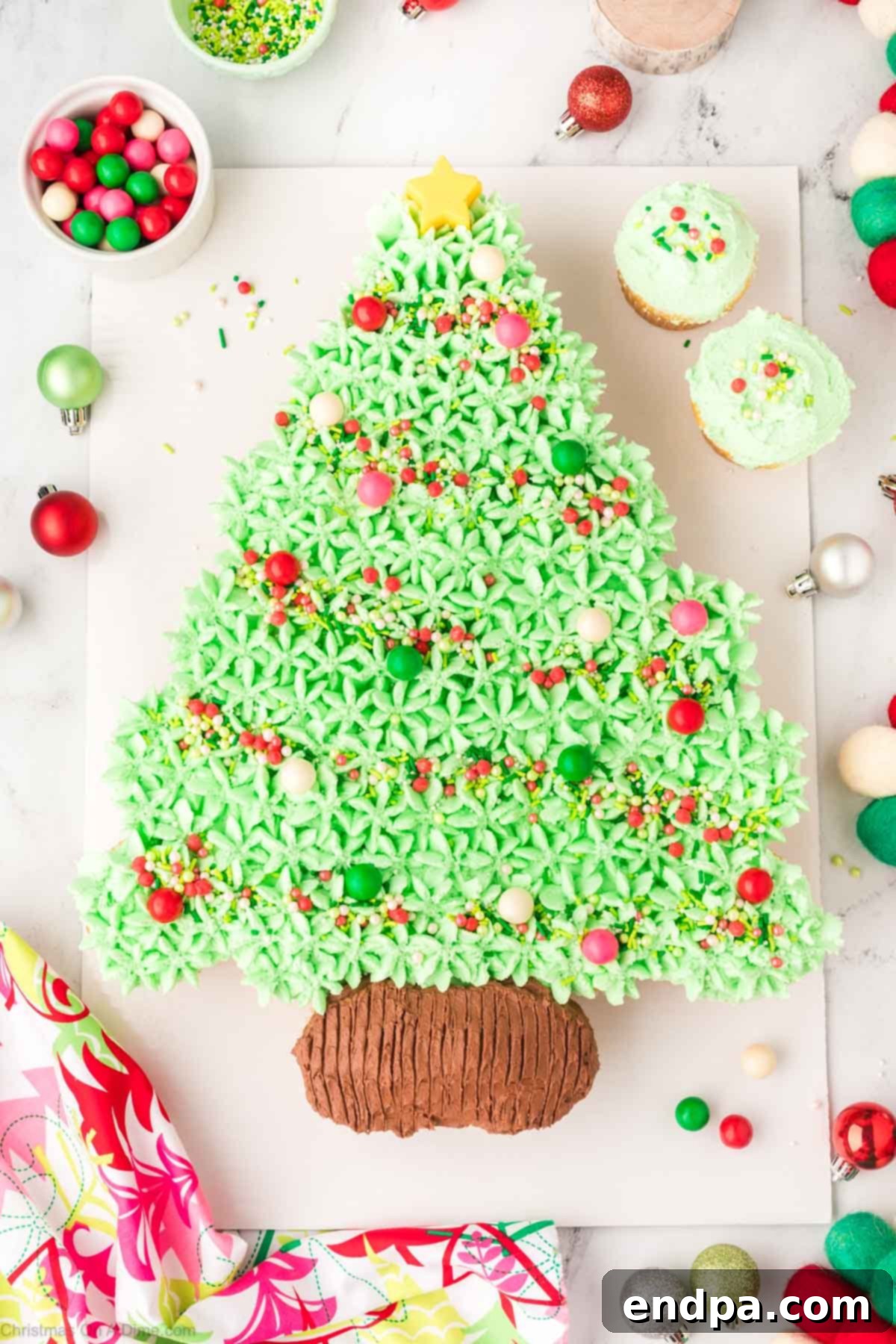 A beautifully decorated Christmas Tree Cupcake Cake, ready for festive celebrations, presented on an elegant platter.