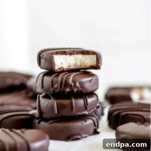 Sweet Yuletide Treasures 28 6 Ingredient Peppermint Patties, an easy homemade recipe with smooth peppermint candy filling and dark chocolate coating.