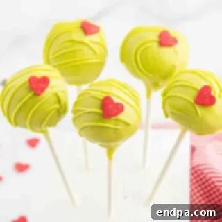 Sweet Yuletide Treasures 9 Grinch Cake Pops, a fun and easy Christmas dessert made with simple ingredients, perfect for a festive treat.
