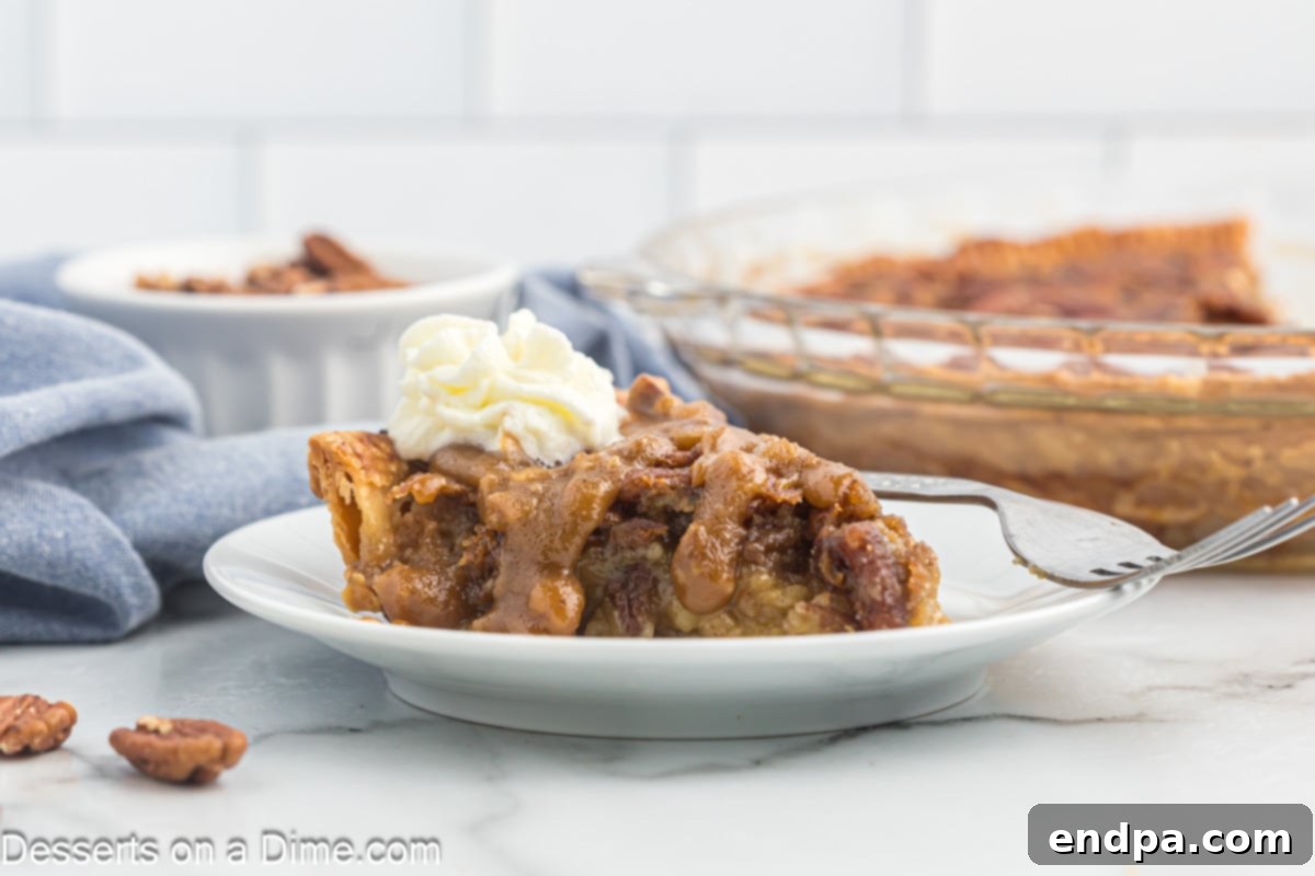 Paula Deen's Southern Comfort Pecan Pie 2 A delicious slice of Paula Deen's Pecan Pie on a white plate, garnished with a dollop of whipped cream.