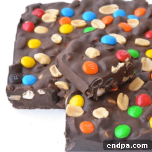M&M Marvelous Rocky Road stuffed with M&M candies, roasted peanuts, marshmallows, and jellies.