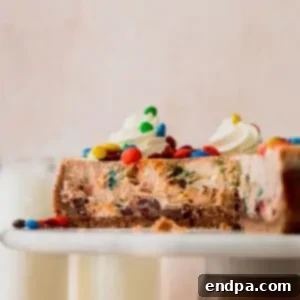 Creamy M&M Cheesecake with a graham cracker crust and topped with M&M's.