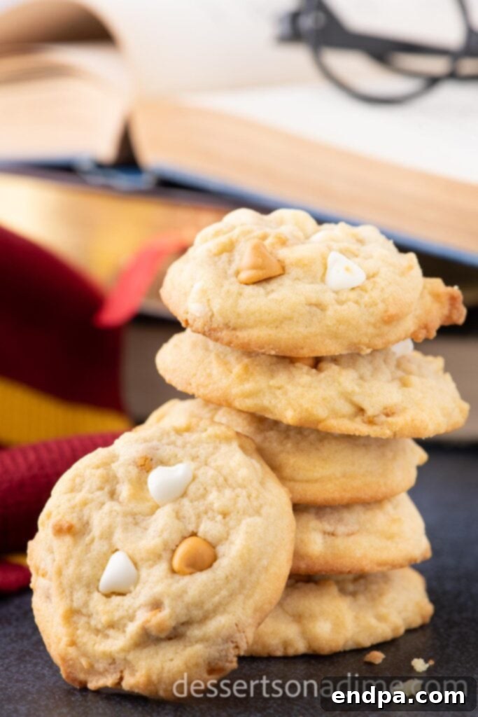 Hogsmeade's Secret Butterbeer Cookie Recipe 2 Stacked Harry Potter Butterbeer Cookies, showcasing their golden-brown edges and soft centers, ready to be enjoyed.