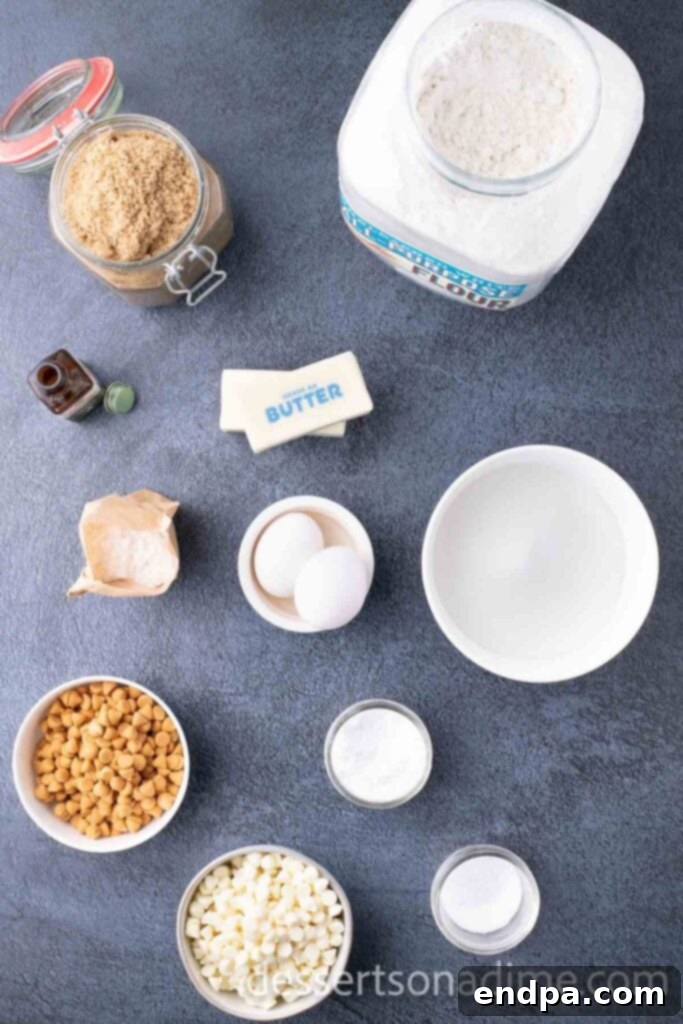 Hogsmeade's Secret Butterbeer Cookie Recipe 3 An array of ingredients for Harry Potter Butterbeer Cookies: butter, brown sugar, granulated sugar, eggs, vanilla extract, butterscotch instant pudding mix, flour, baking soda, salt, white chocolate chips, and butterscotch chips.