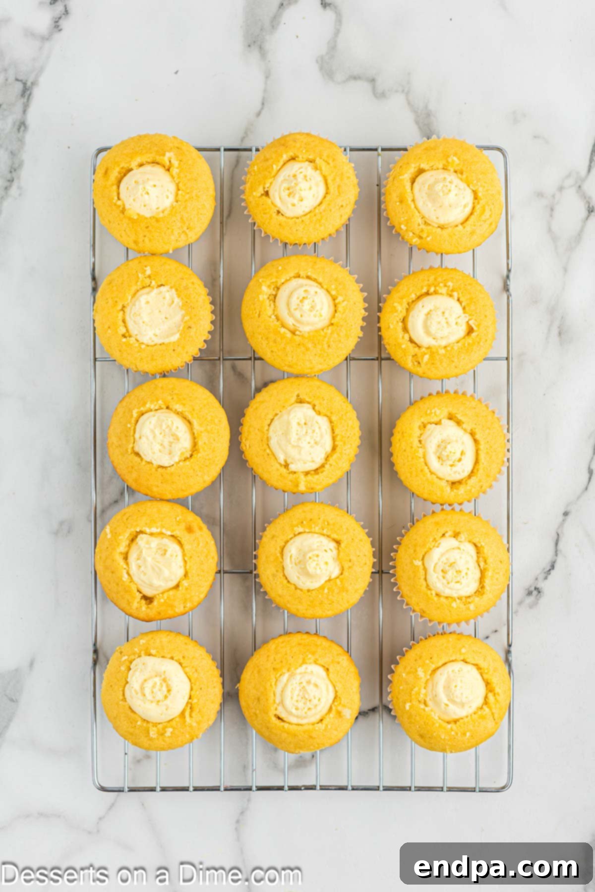 Gourmet Eclair Cupcakes 8 Cored cupcakes neatly arranged on a wire rack, each filled with a generous amount of creamy vanilla pudding mixture.