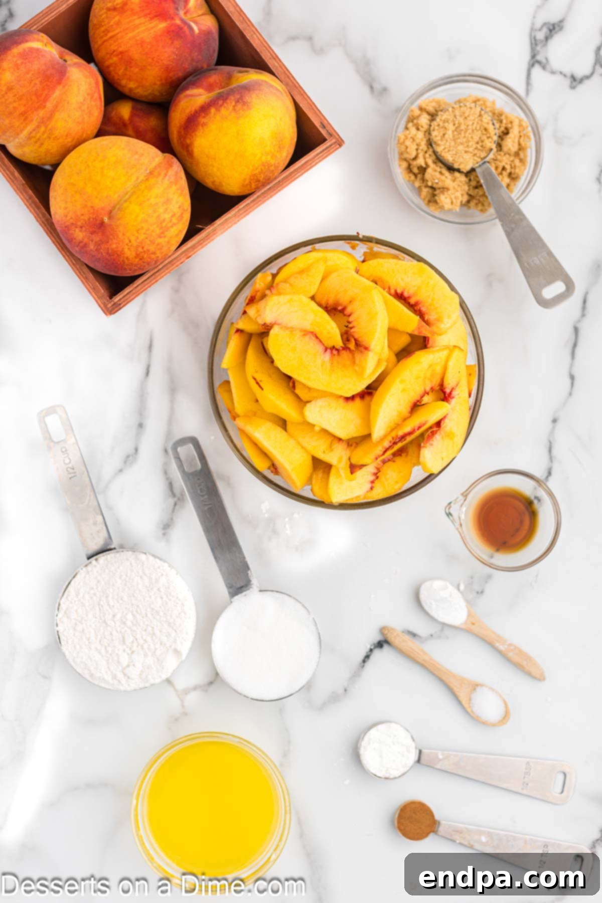Lay-flat of fresh peaches, brown sugar, vanilla, cornstarch, cinnamon, flour, sugar, baking powder, salt, and butter