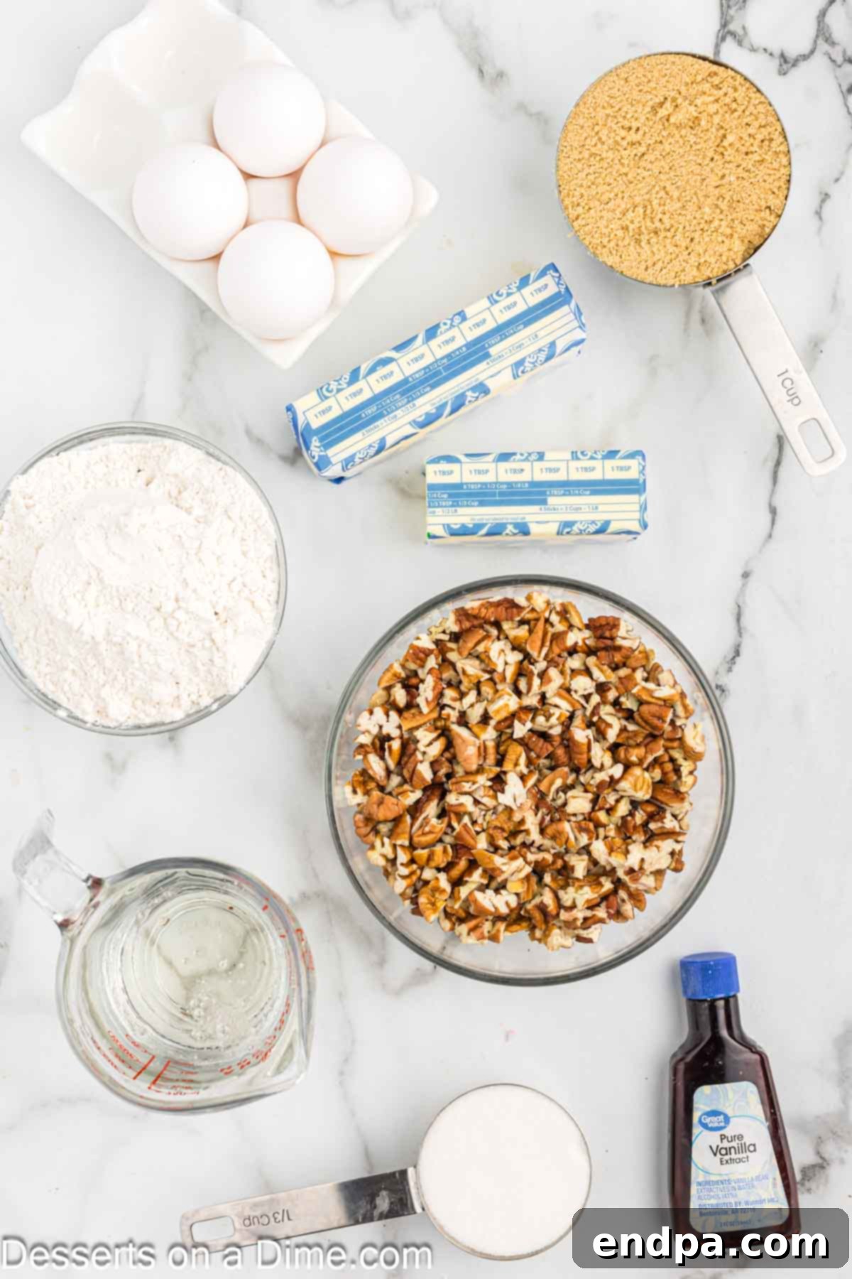 Key ingredients for making pecan pie bars, neatly arranged: butter, granulated sugar, all-purpose flour for the crust; brown sugar, corn syrup, eggs, vanilla extract, and chopped pecan halves for the delicious topping.