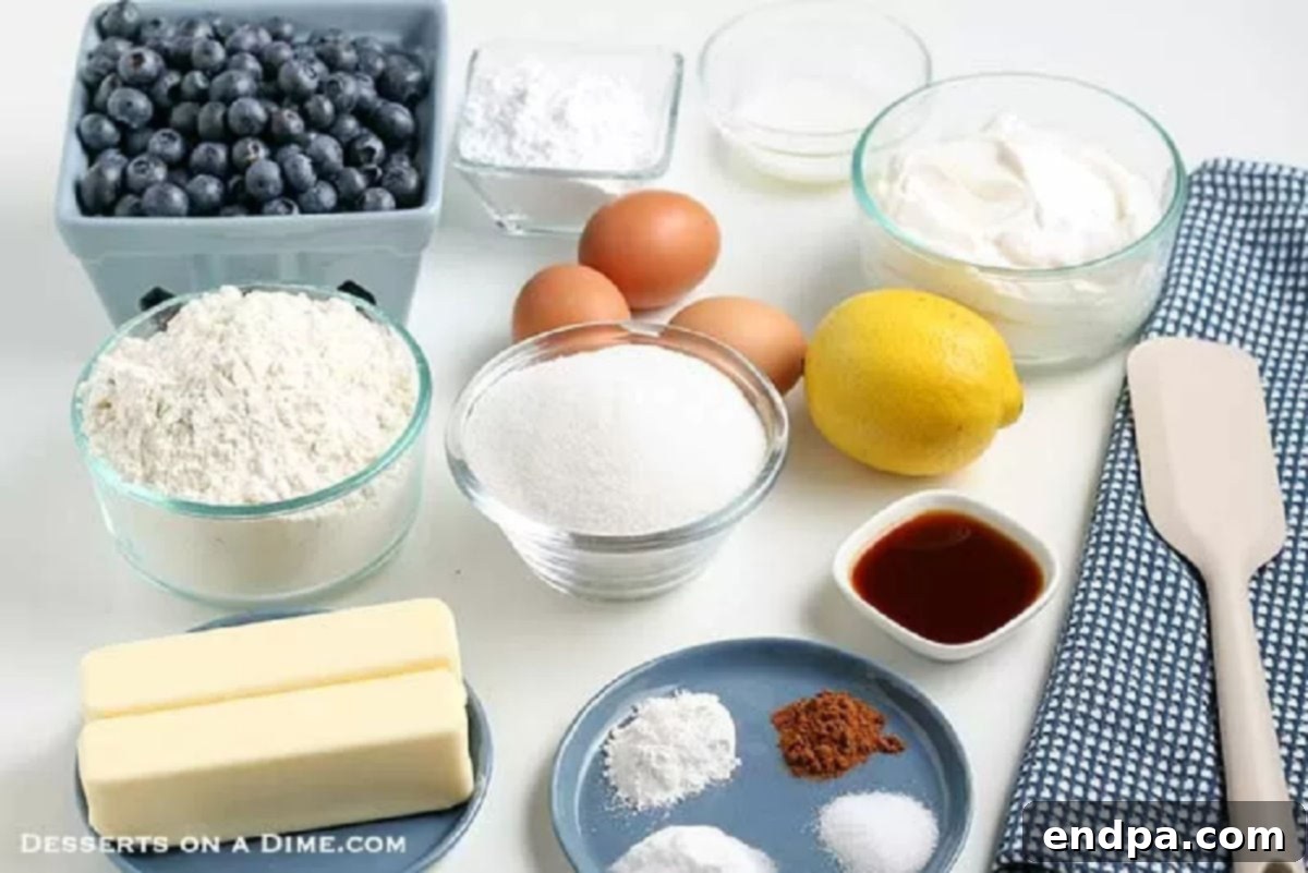 A flat lay photograph showcasing all the fresh ingredients needed for baking blueberry coffee cake: butter, eggs, sour cream, vanilla extract, lemons, salt, all-purpose flour, granulated sugar, baking powder, baking soda, fresh blueberries, ground cinnamon, powdered sugar, and milk.
