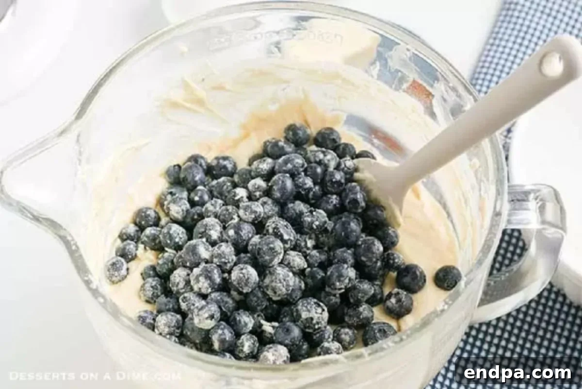Fresh blueberries lightly coated in flour, gently folded into the coffee cake batter in a mixing bowl, ensuring even distribution.