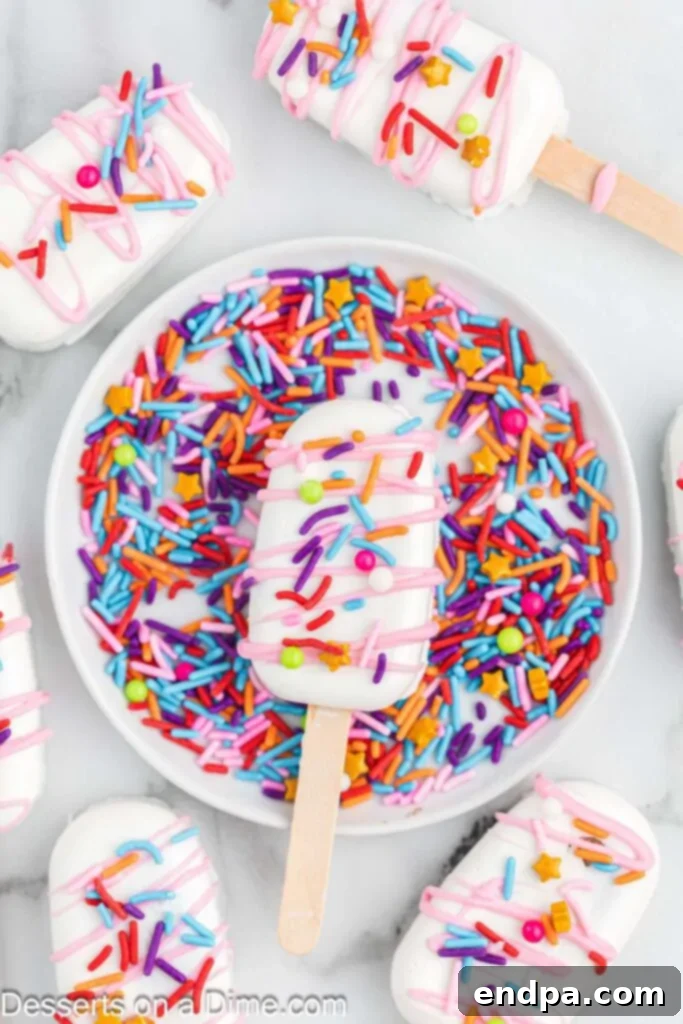 Dessert Pops 2 A vibrant cakesicle with sprinkles, standing upright in a bowl filled with colorful sprinkles.