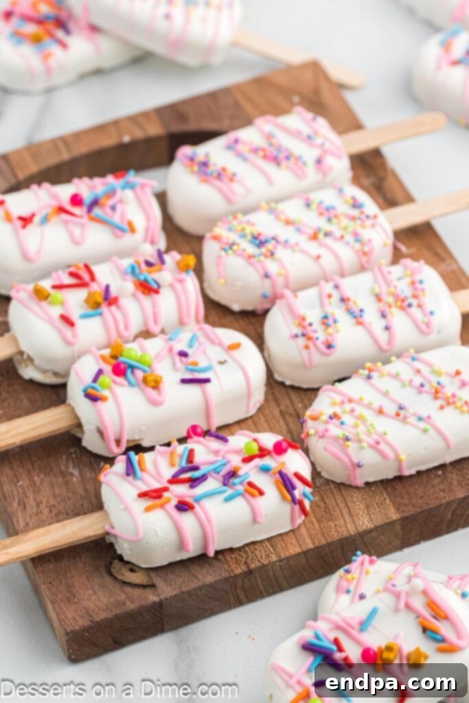 Dessert Pops 12 A collection of beautifully decorated cakesicles arranged artfully on a wooden board.