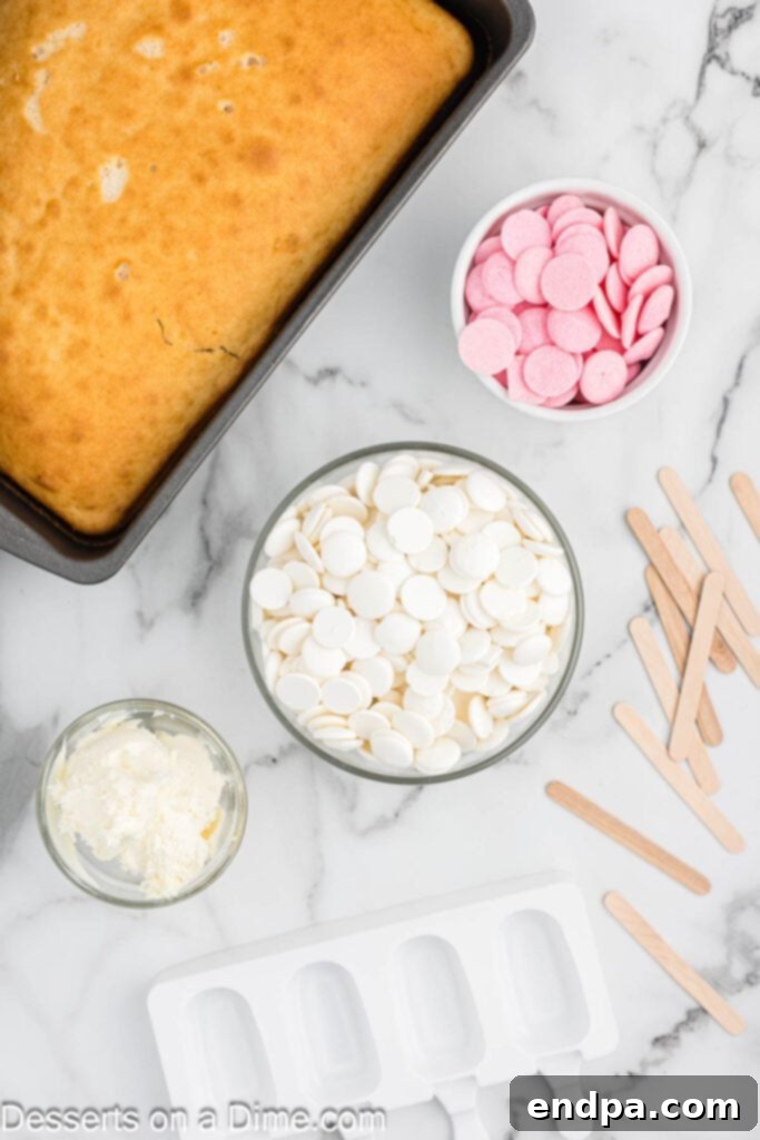 Dessert Pops 3 Ingredients for cakesicles laid out on a table: cake crumbs, candy melts, frosting, popsicle molds, and wooden sticks.