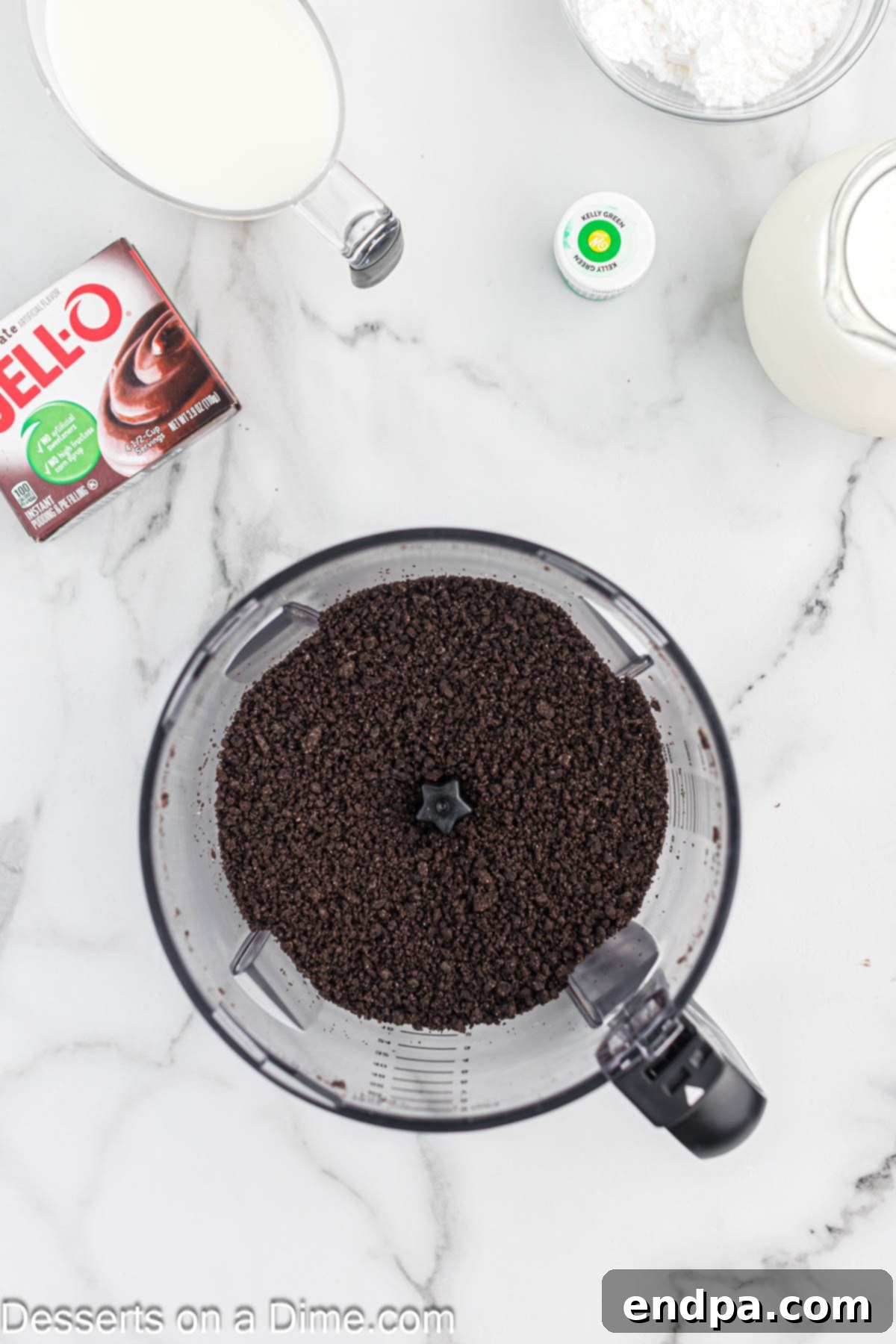 Crushed cookies in the food processor.