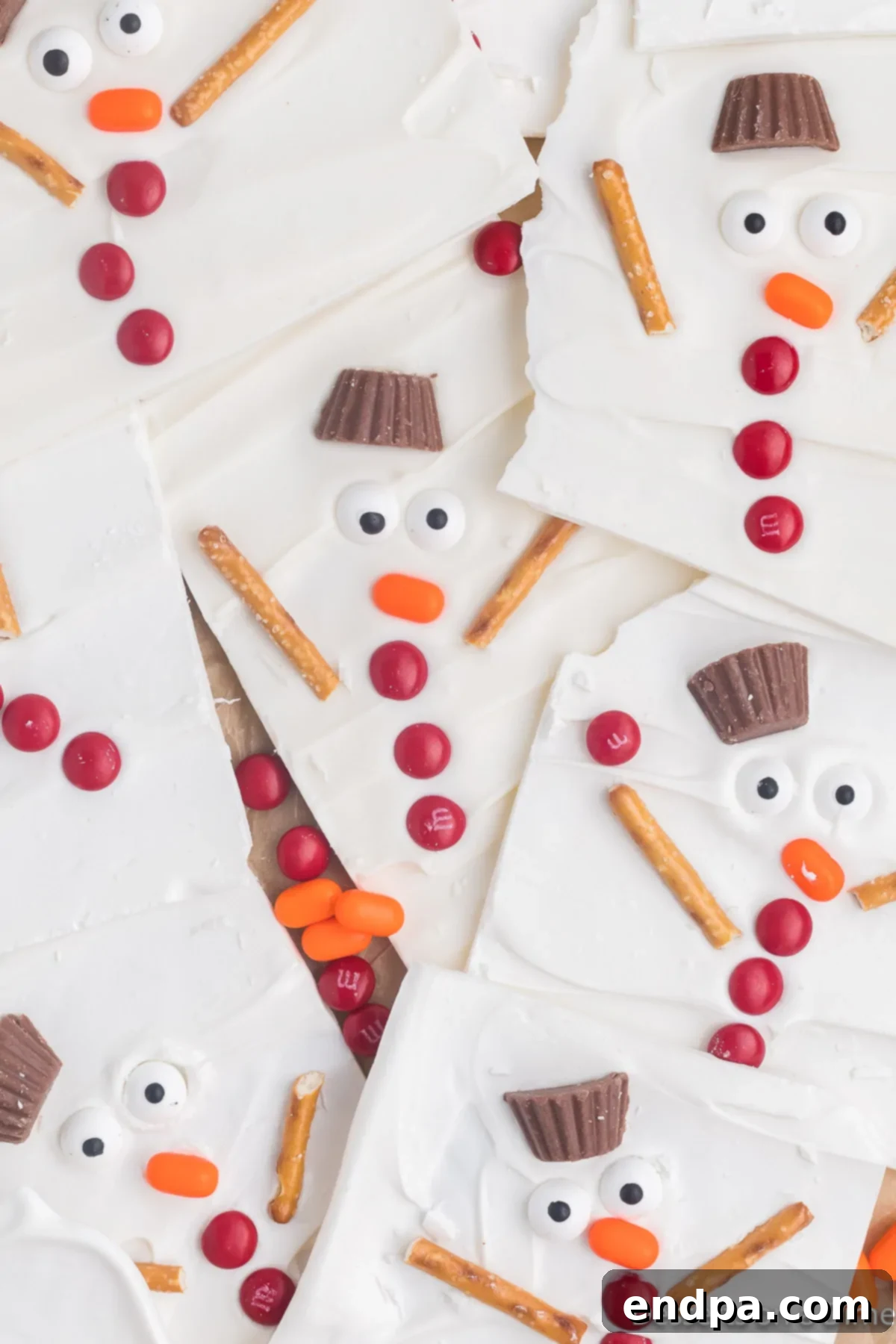 Frosty Meltdown Bark 11 Up-close photo of broken Melted Snowman Bark pieces arranged on a platter, ready to be served.