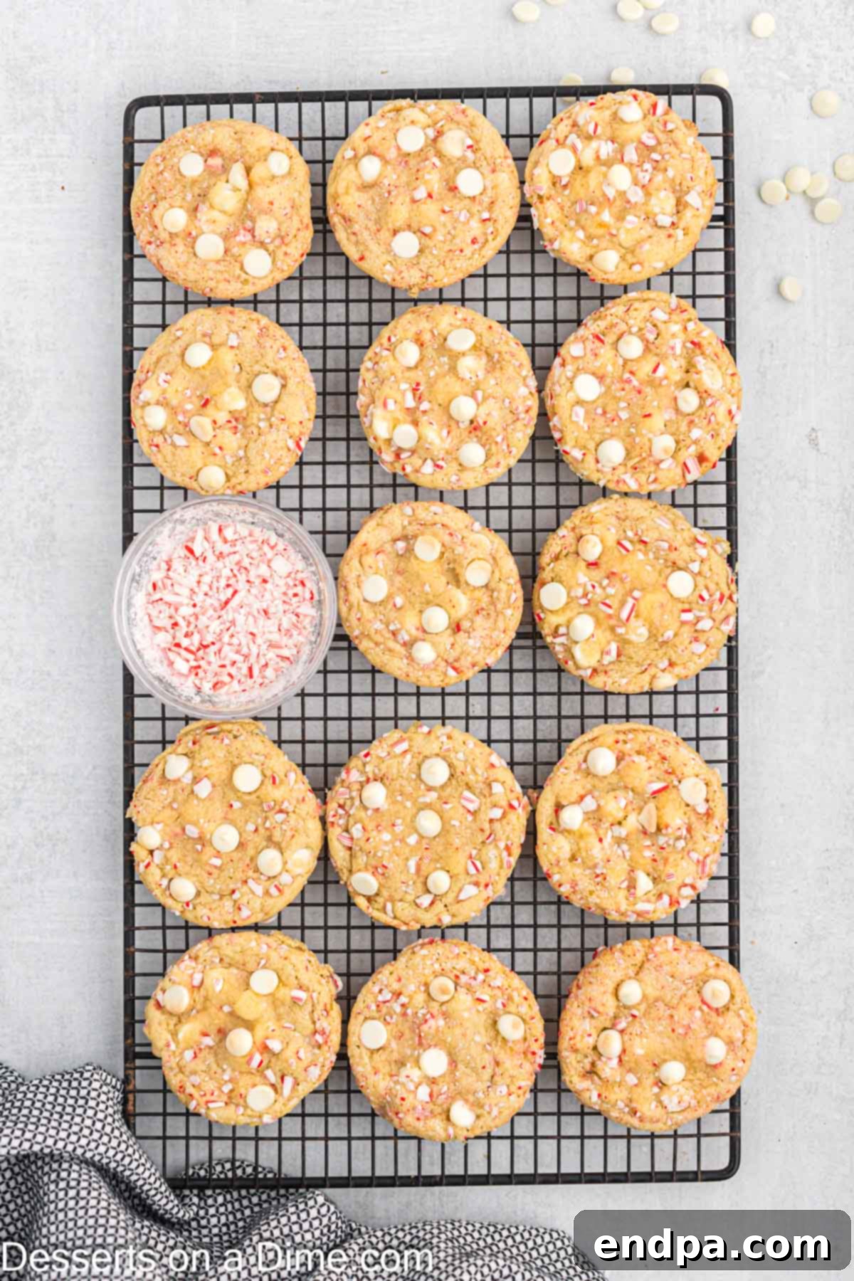 Peppermint White Chocolate Delights 11 Cookies on cooling rack.