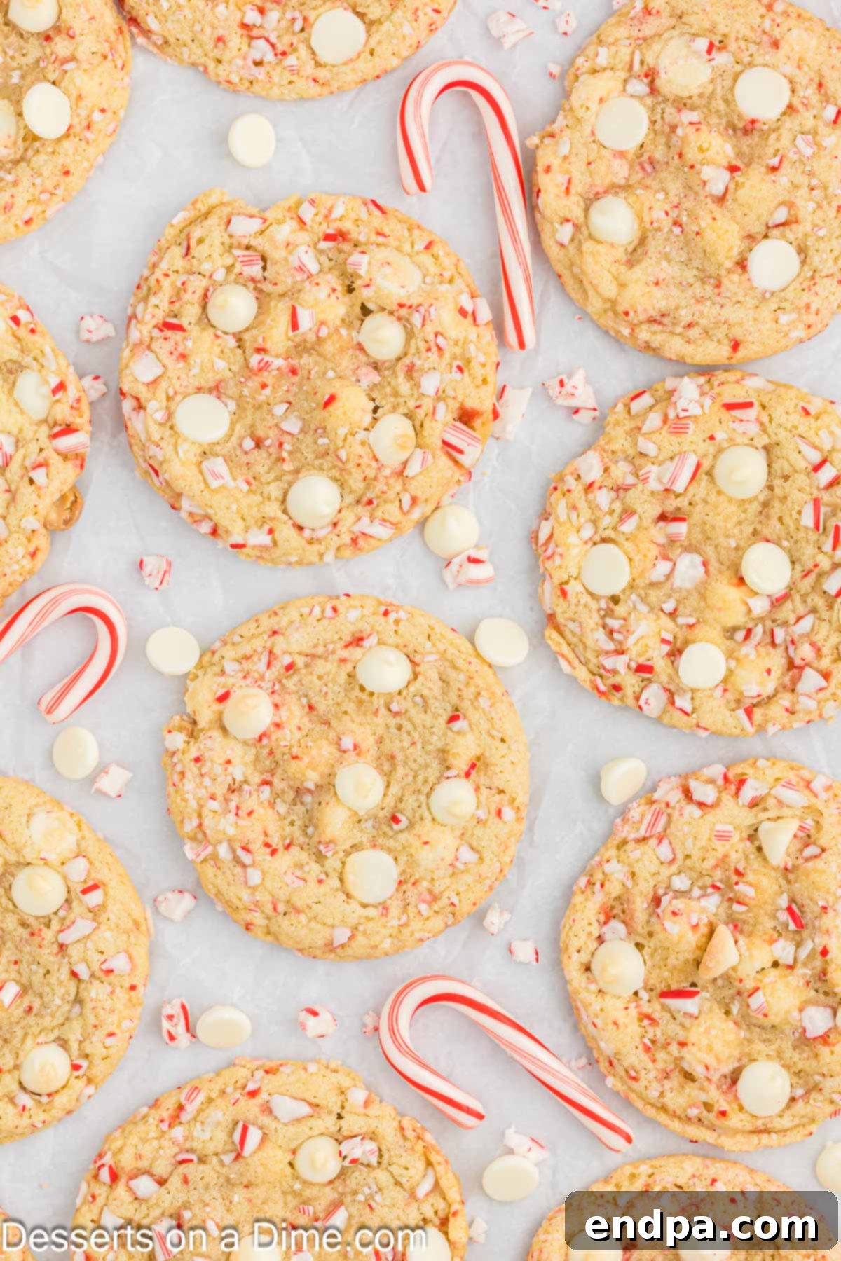 Peppermint White Chocolate Delights 12 White Chocolate Peppermint Cookies arranged on counter.