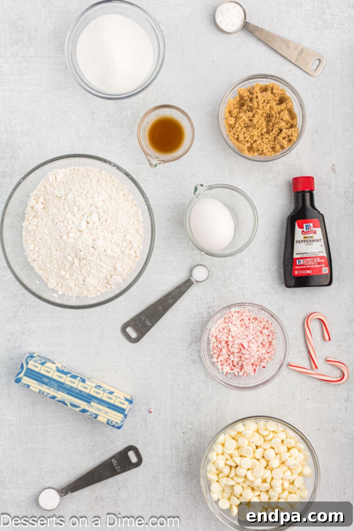 Peppermint White Chocolate Delights 3 Ingredients for cookies - flour, brown sugar, white sugar, vanilla, egg, butter, peppermint candy, white chocolate chips.