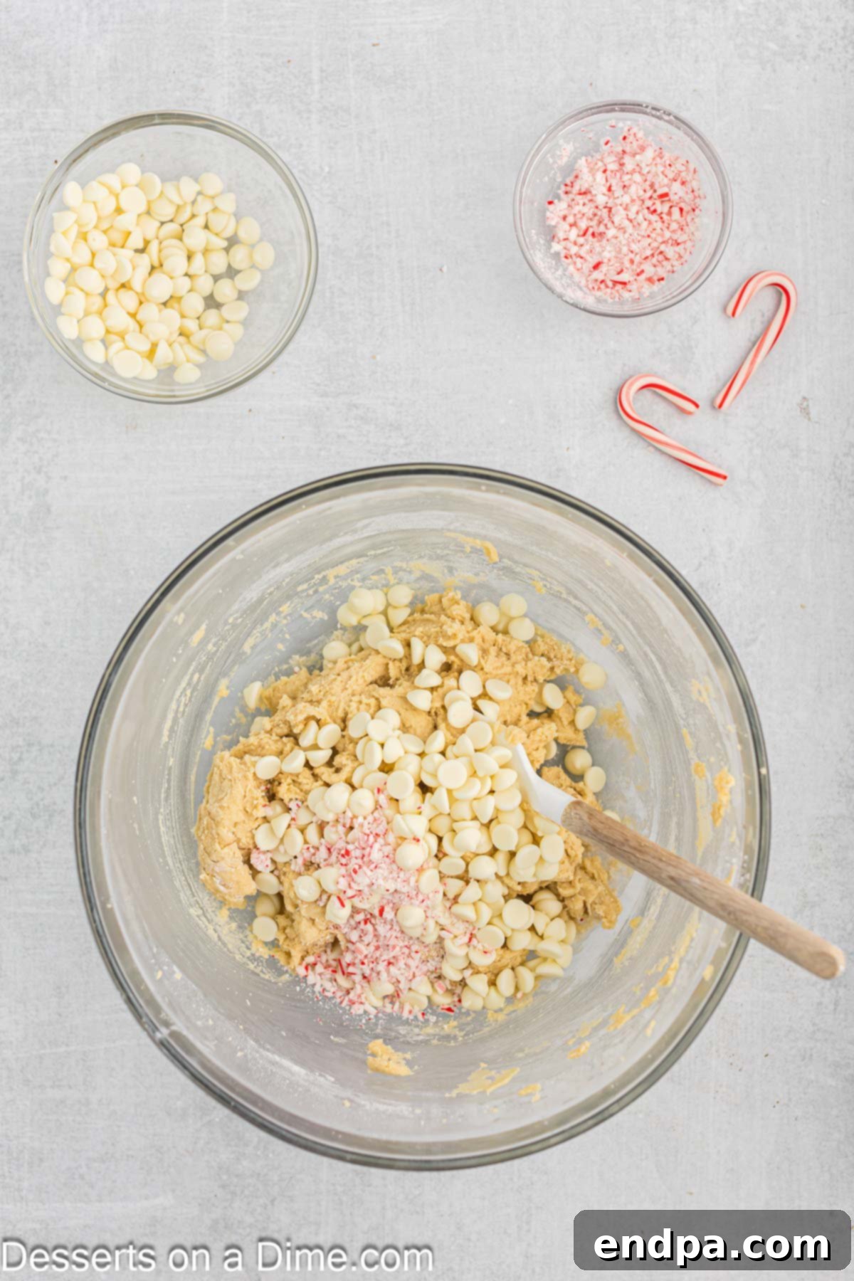 Peppermint White Chocolate Delights 7 White chocolate chips and peppermint candy added to mixture.