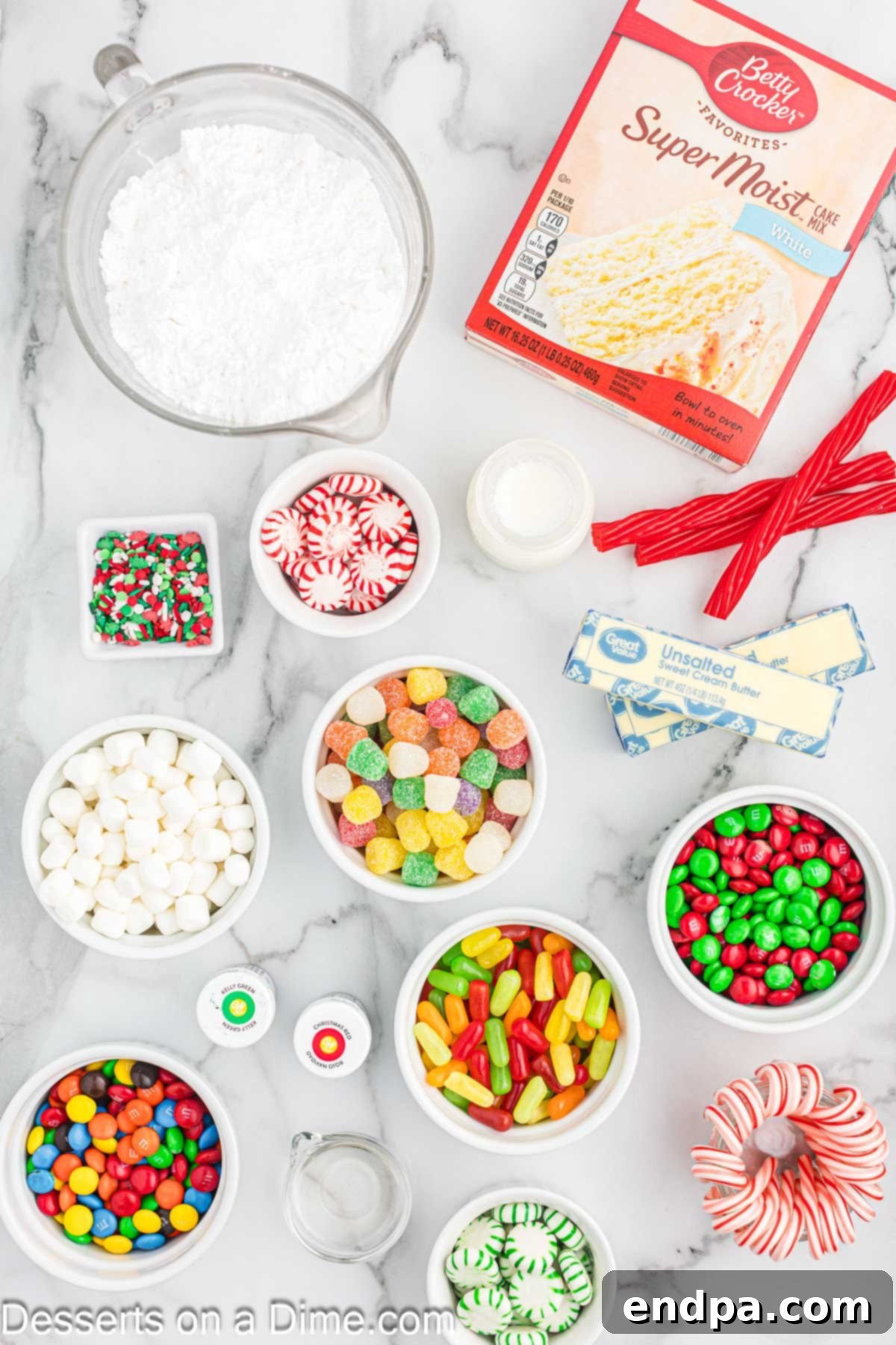 Gaudiest Garment Bake 3 Key ingredients for Ugly Sweater Cake including cake mix, various candies, and frosting components.