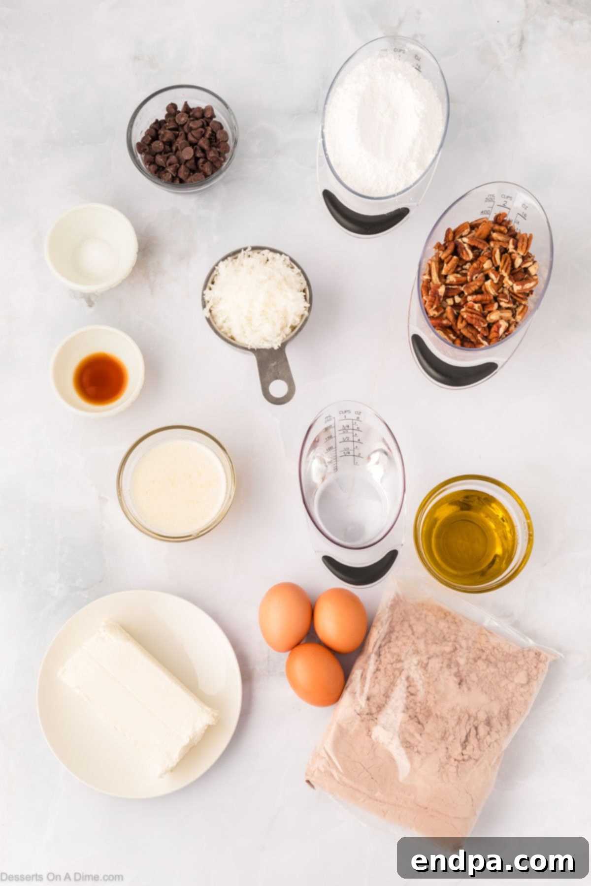 One-Pan German Chocolate Cake 3 Ingredients for German Chocolate Dump Cake: cake mix, chopped pecans, flaked coconut, cream cheese, butter, vanilla extract, powdered sugar, semisweet chocolate chips.