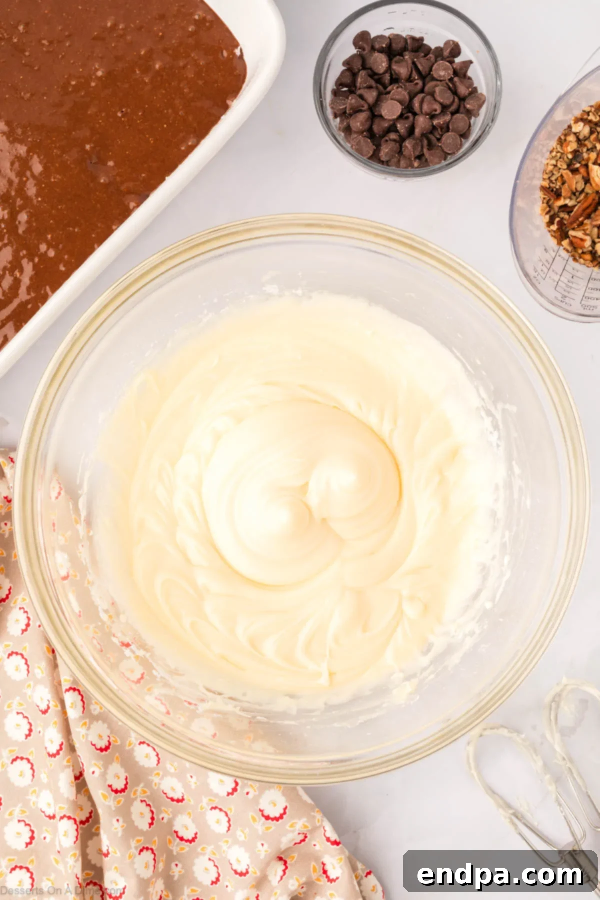 One-Pan German Chocolate Cake 8 The finished cream cheese mixture with chocolate chips and pecans stirred in.