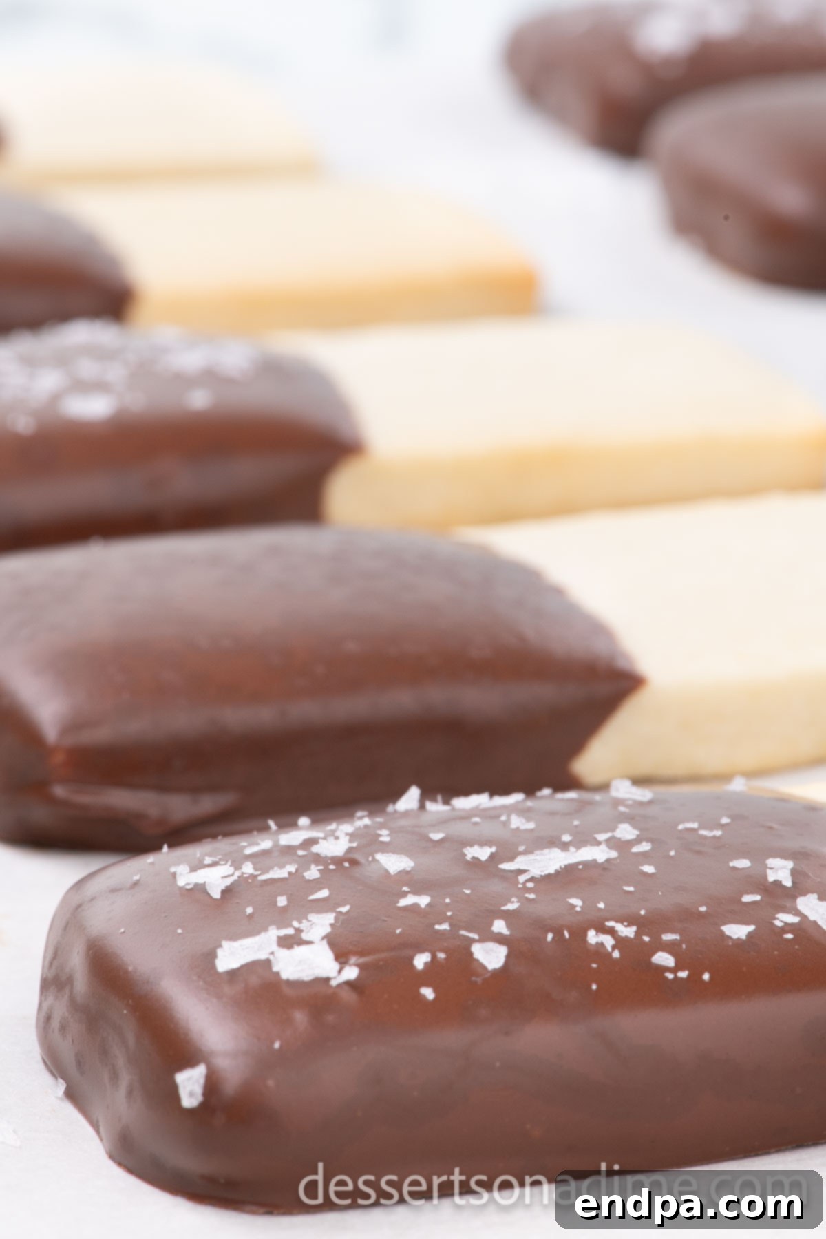 Close-up photo of several Chocolate Dipped Shortbread Cookies showing their texture and sea salt topping.