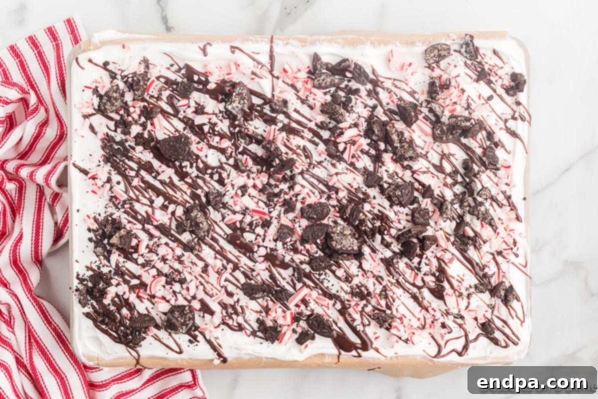 Holly Jolly Ice Cream Cake 2 Festive Christmas Ice Cream Cake ready to be served, adorned with peppermint and chocolate.