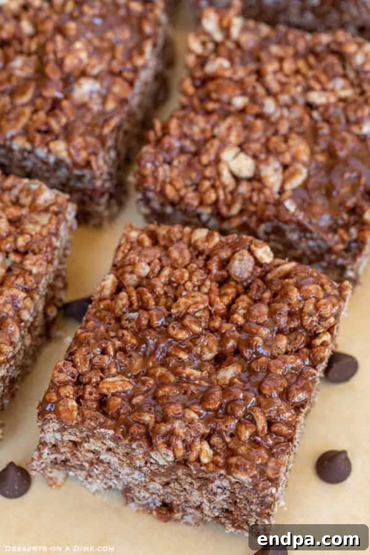 Delicious Chocolate Rice Krispie Treats cut into perfect squares, ready to be served.