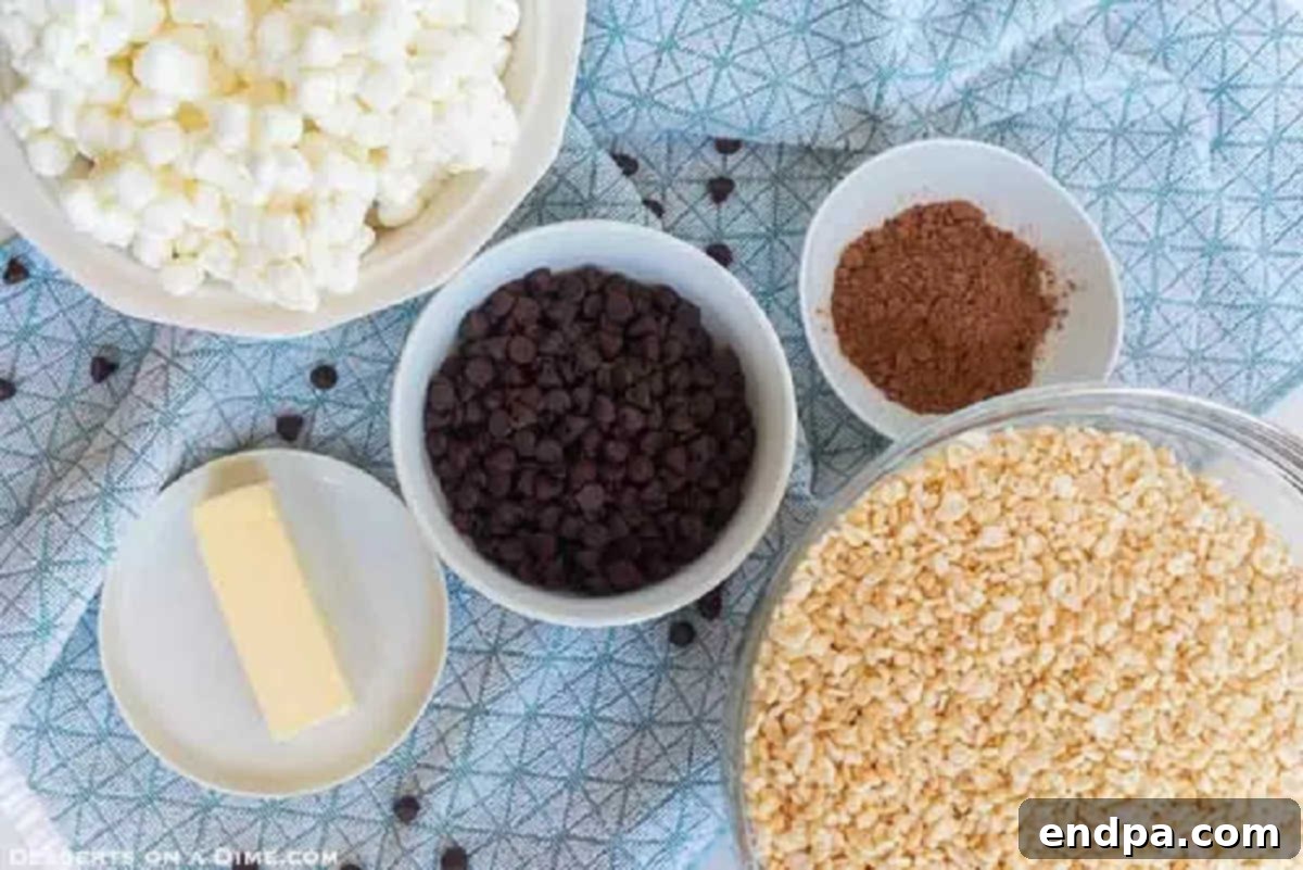 Ingredients laid out: Rice Krispie cereal, butter, marshmallows, chocolate chips, and cocoa powder.