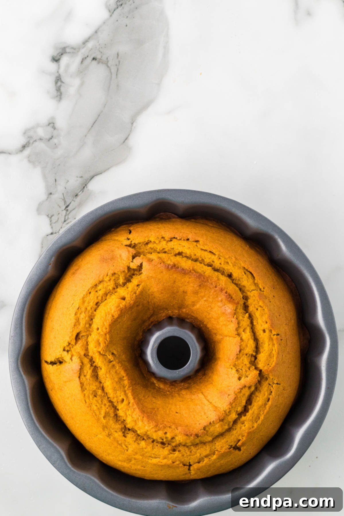 Pumpkin Bundt Cake baked and cooling in the pan.