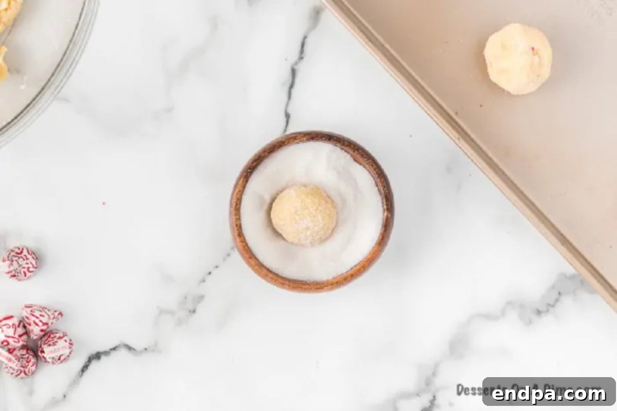 Close-up of small cookie dough balls coated in granulated sugar, arranged neatly on a baking sheet, ready for the oven.