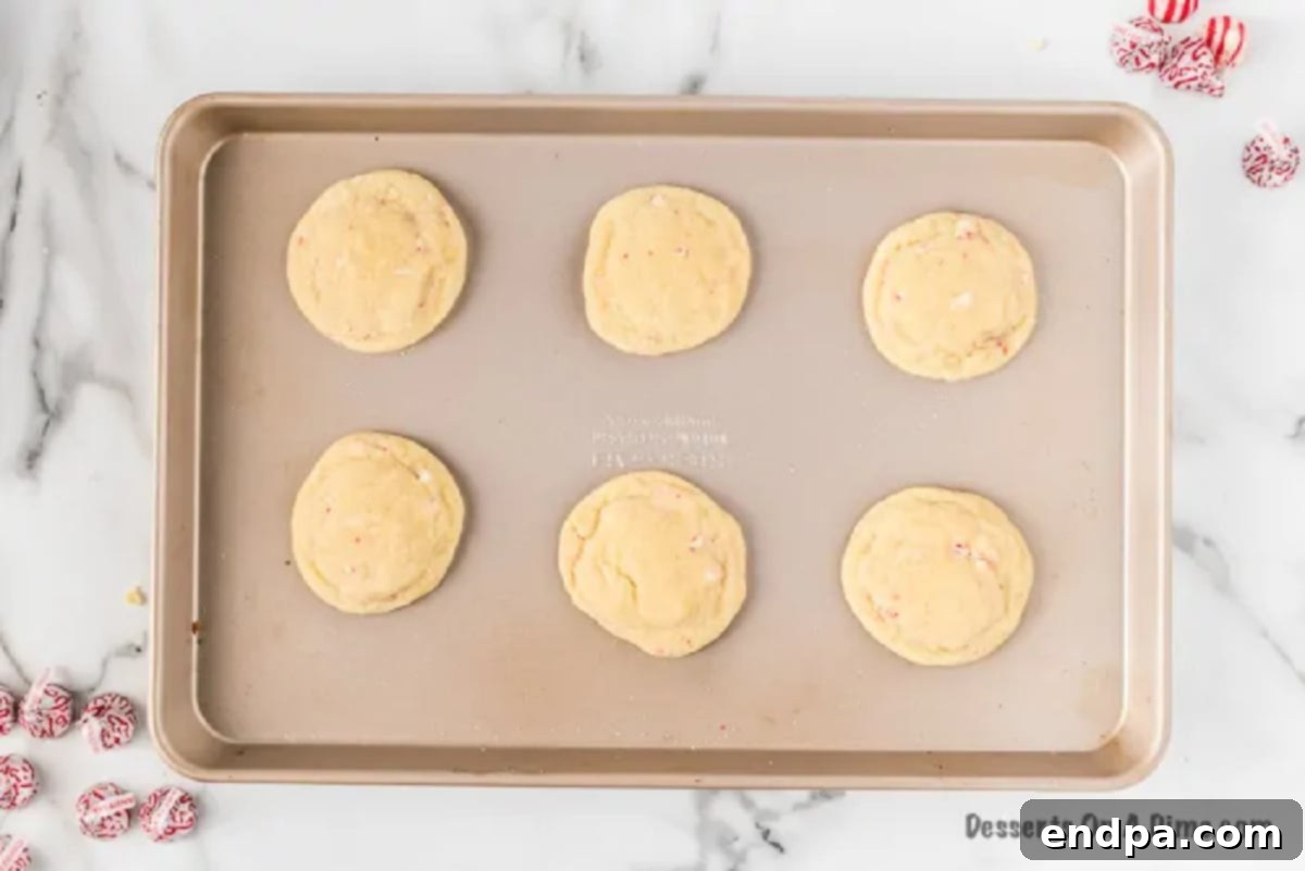 Freshly baked Candy Cane Kiss Cookies on a baking sheet, showing their slightly golden brown edges and perfectly round shape just out of the oven.