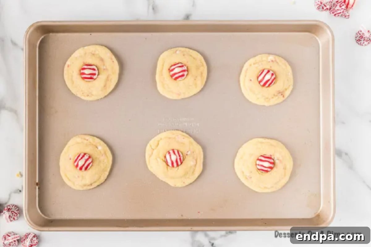 Warm Candy Cane Kiss Cookies with unwrapped Hershey's Candy Cane Kisses gently pressed into the center of each, showing the melting chocolate.