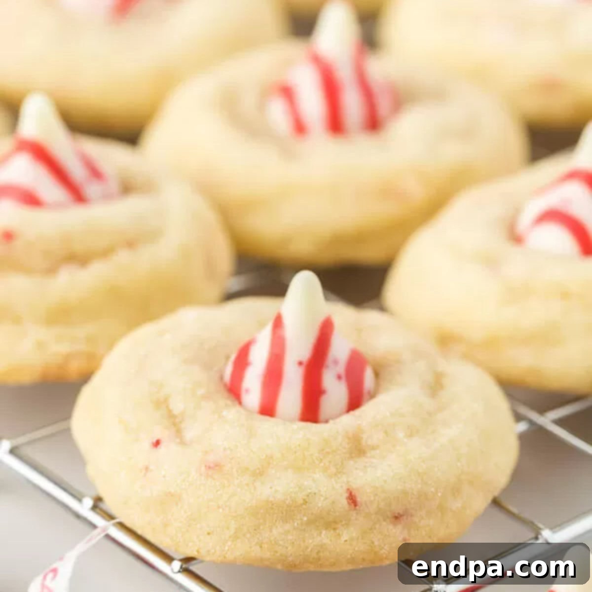A square image of Candy Cane Kiss Cookies, perfect for recipe cards, showing their festive appearance and tempting texture.