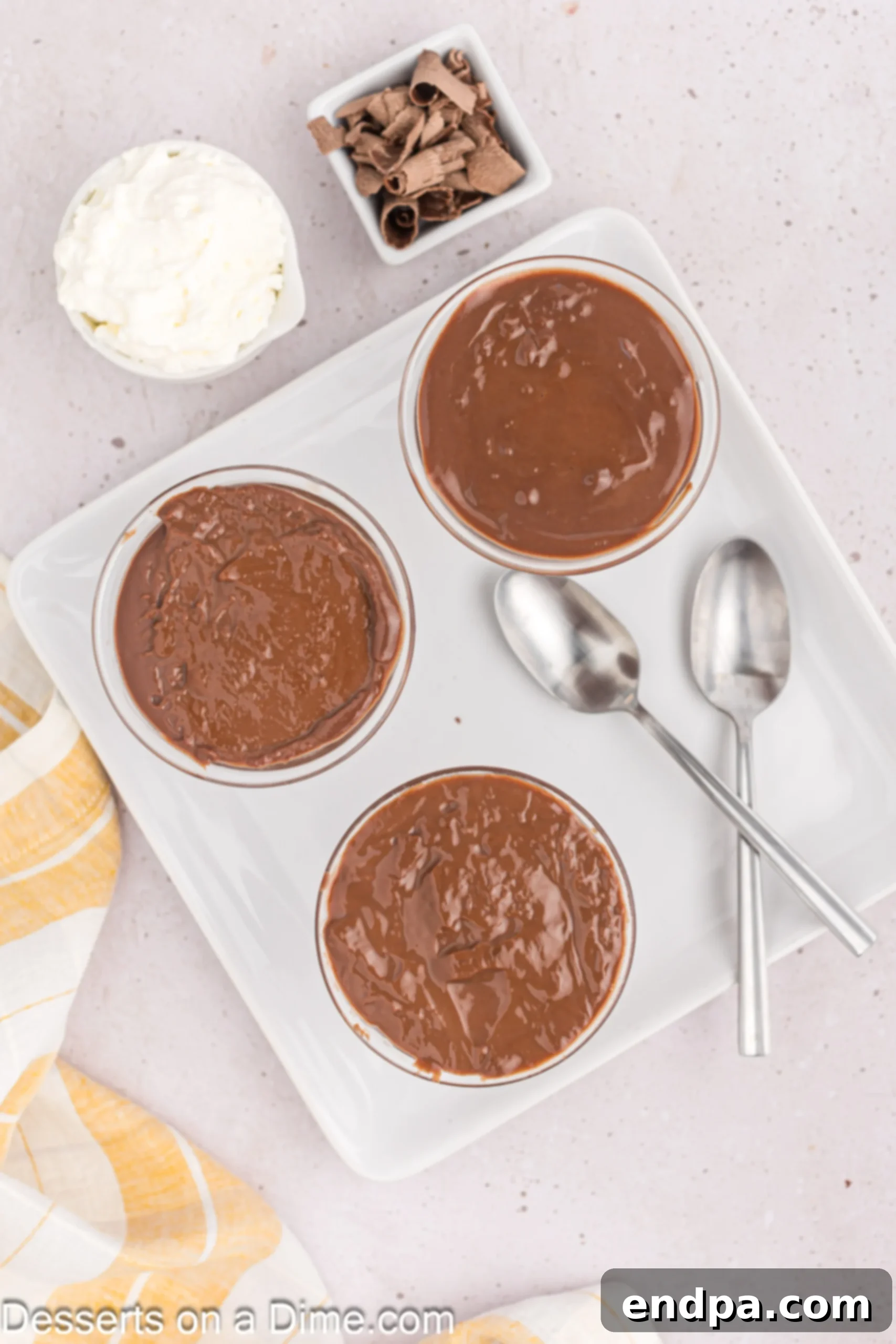 Decadent Chocolate Dream 6 Bowls of freshly made chocolate pudding, cooling down before chilling.