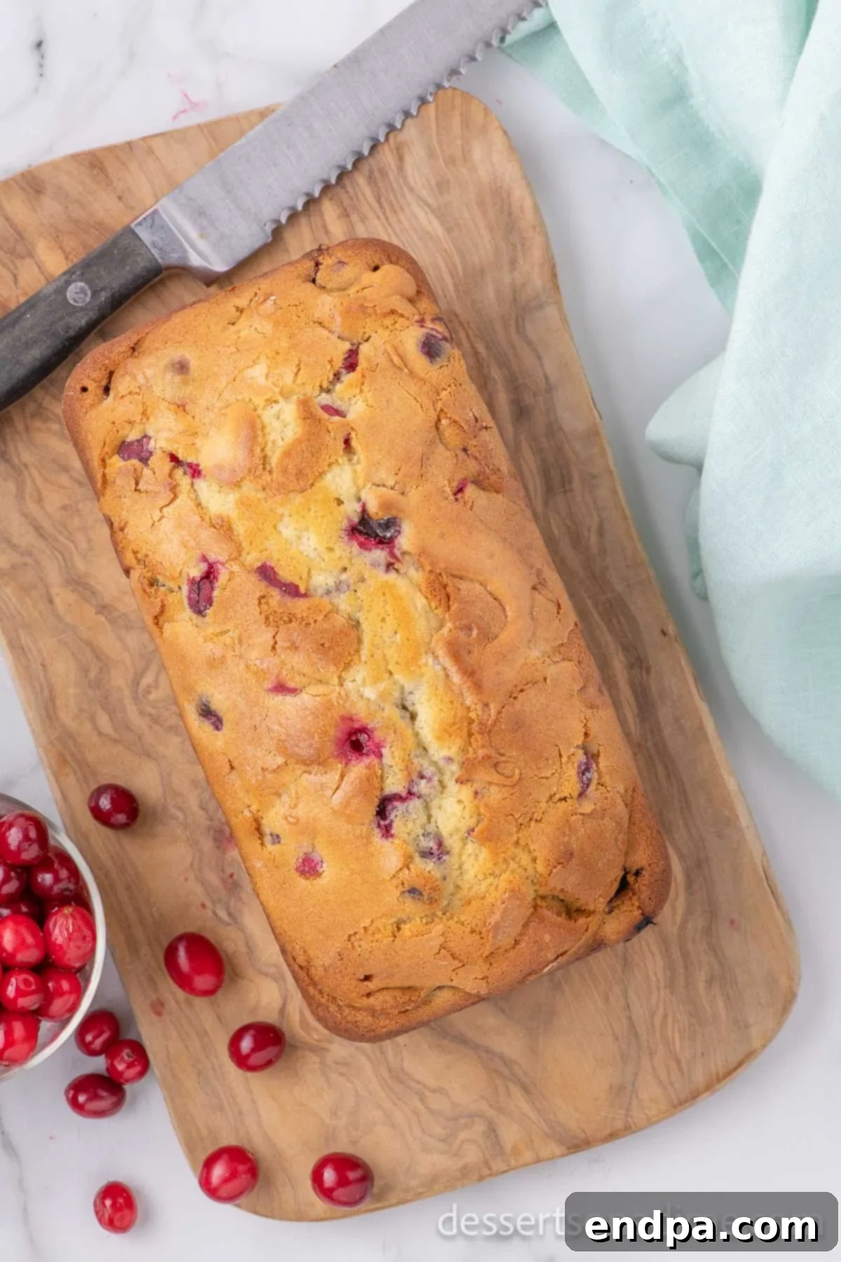 Homemade Sweet-Tart Cranberry Loaf 10 A beautiful golden-brown loaf of Cranberry Bread, perfectly baked and ready to be sliced, resting on a wire rack.