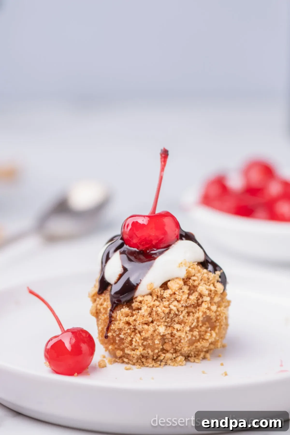 Fried Ice Cream on a plate with toppings, showcasing its crispy exterior and creamy interior.