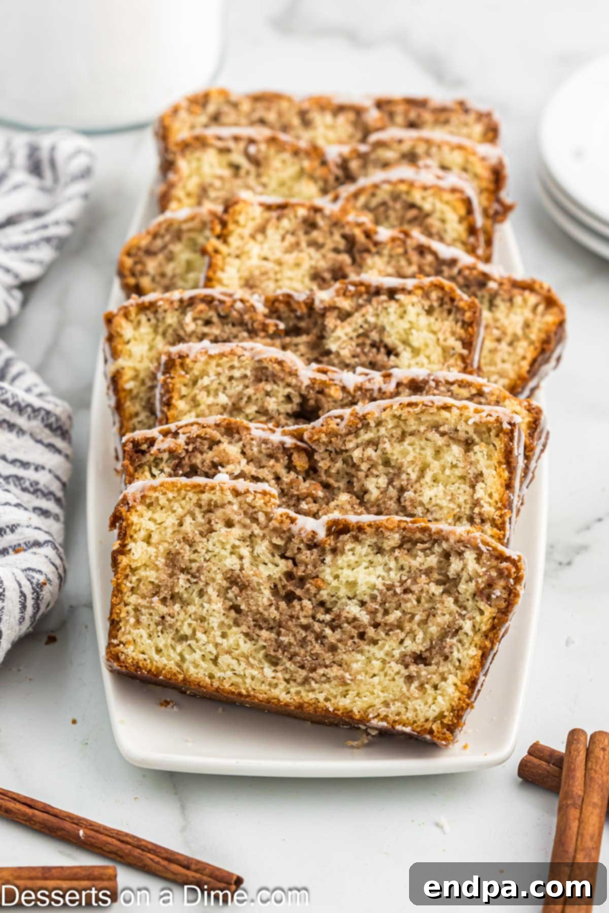 Slices of cinnamon bread on a platter. 
