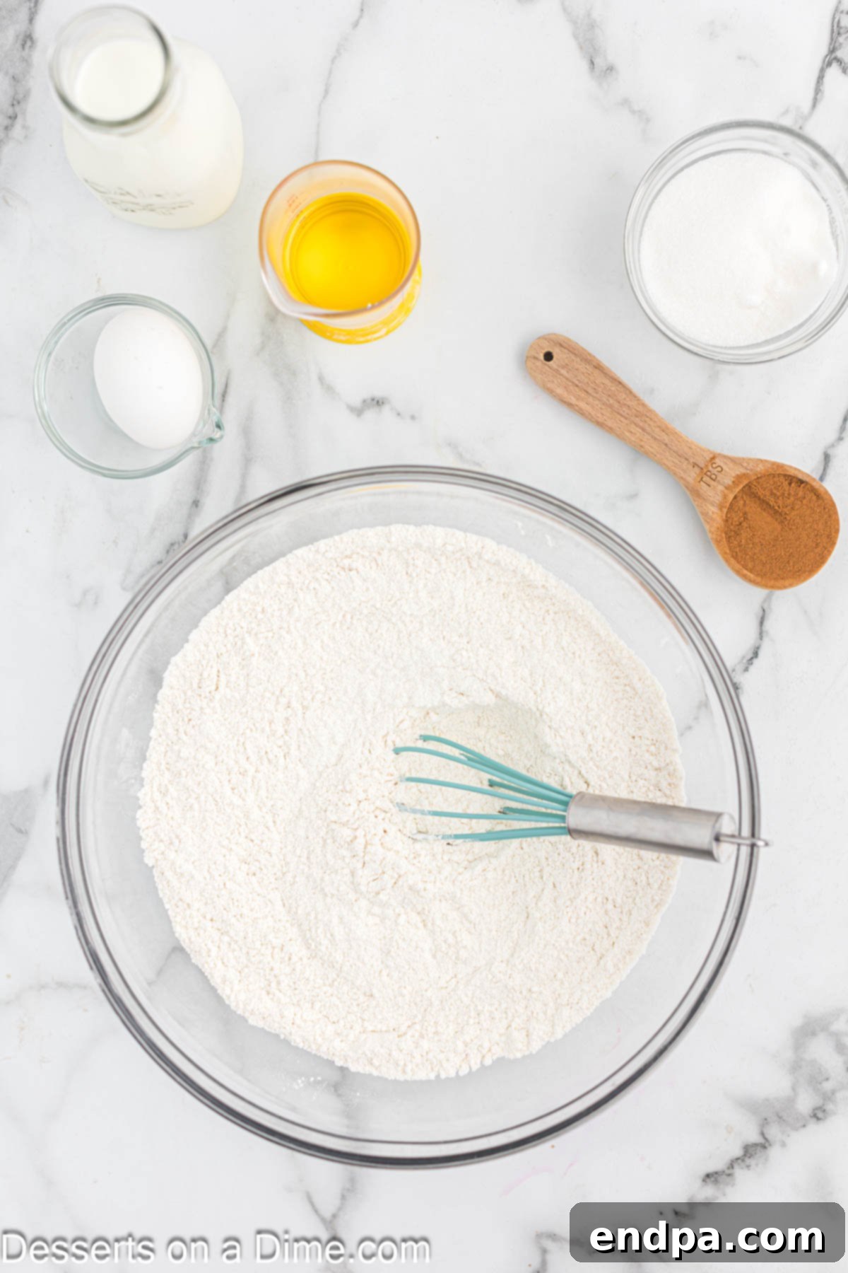 Dry ingredients in a mixing bowl. 